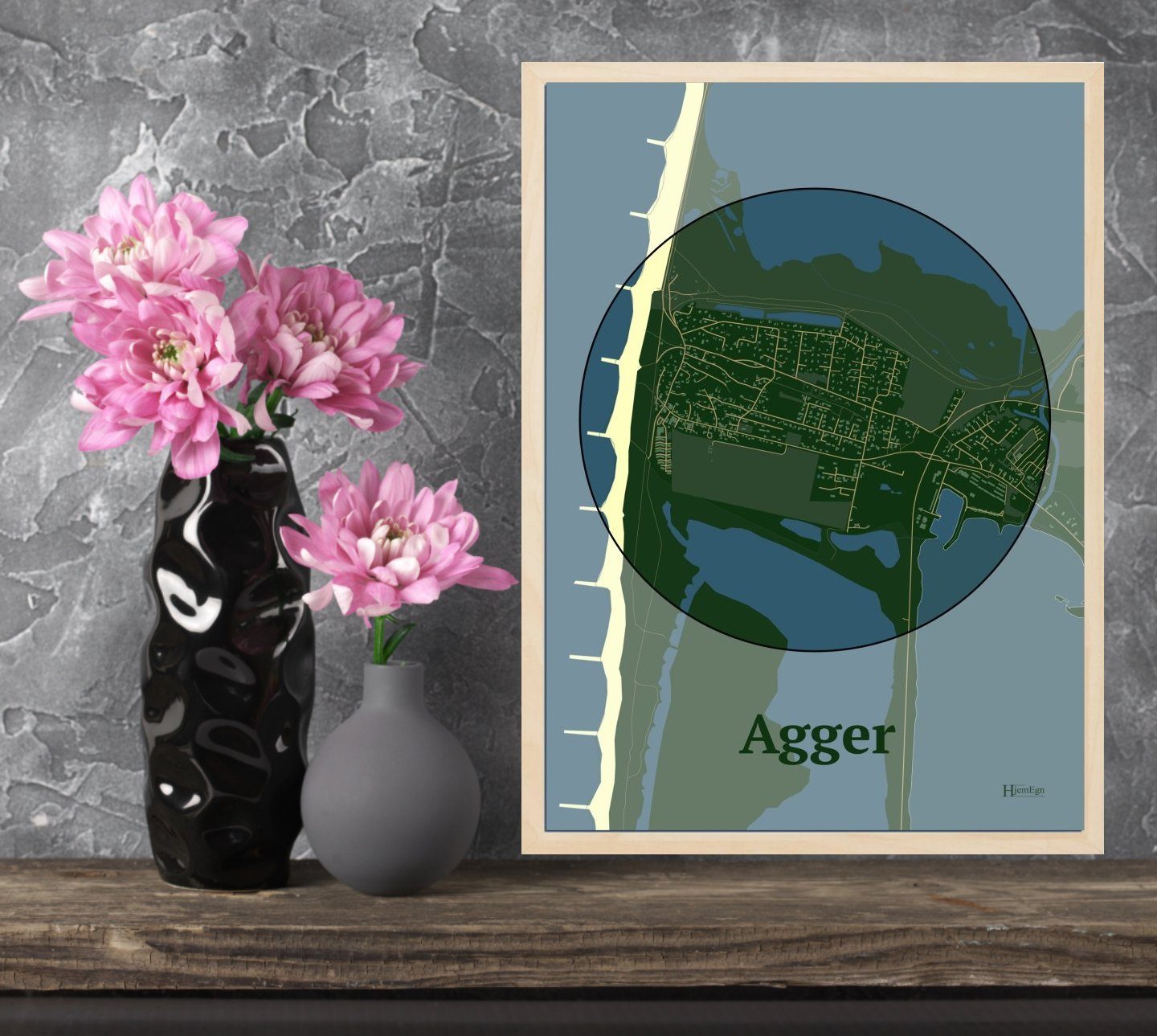 Agger plakat i farve og HjemEgn.dk design centrum. Design bykort for Agger