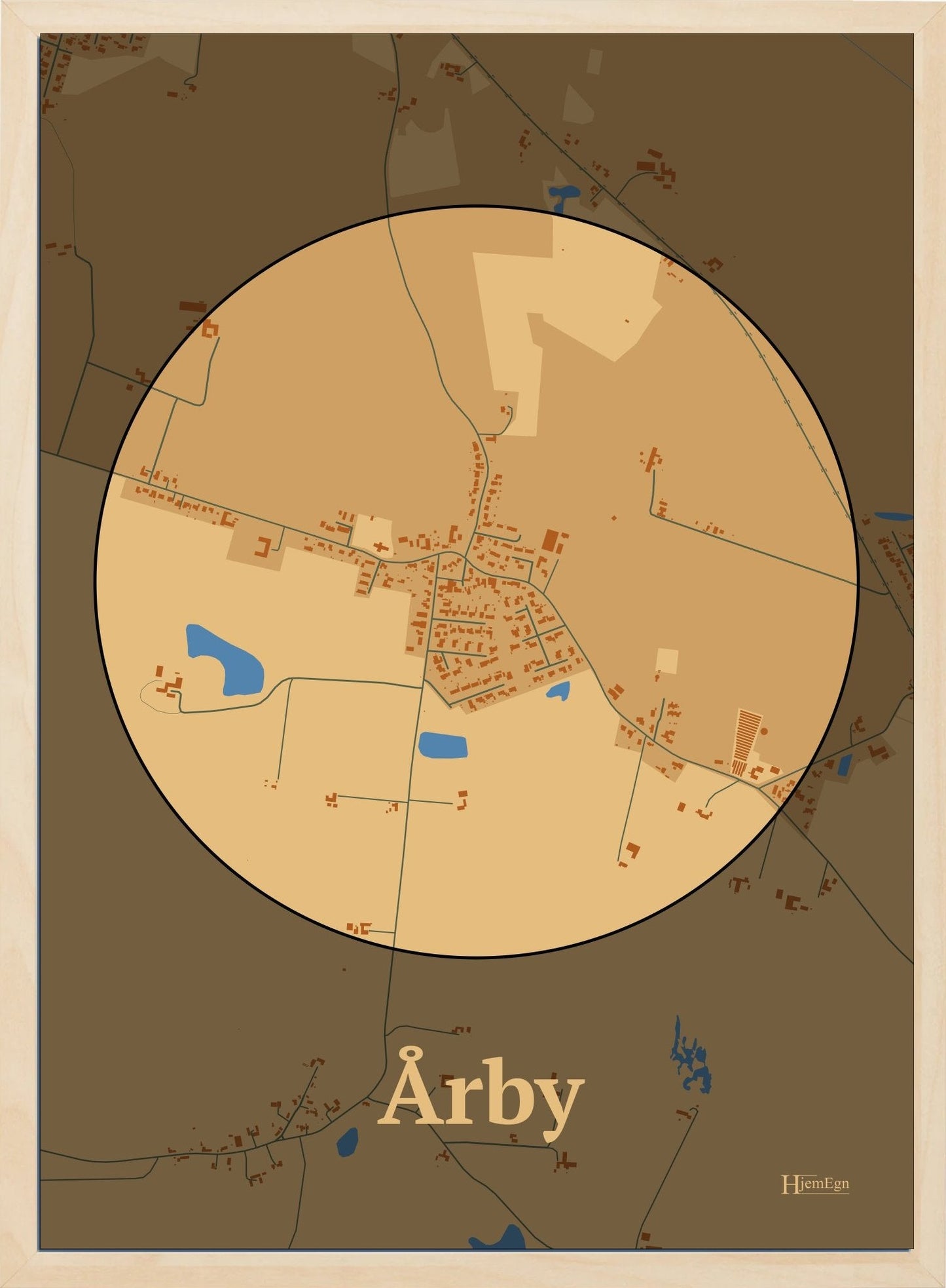 Årby plakat i farve pastel brun og HjemEgn.dk design centrum. Design bykort for Årby