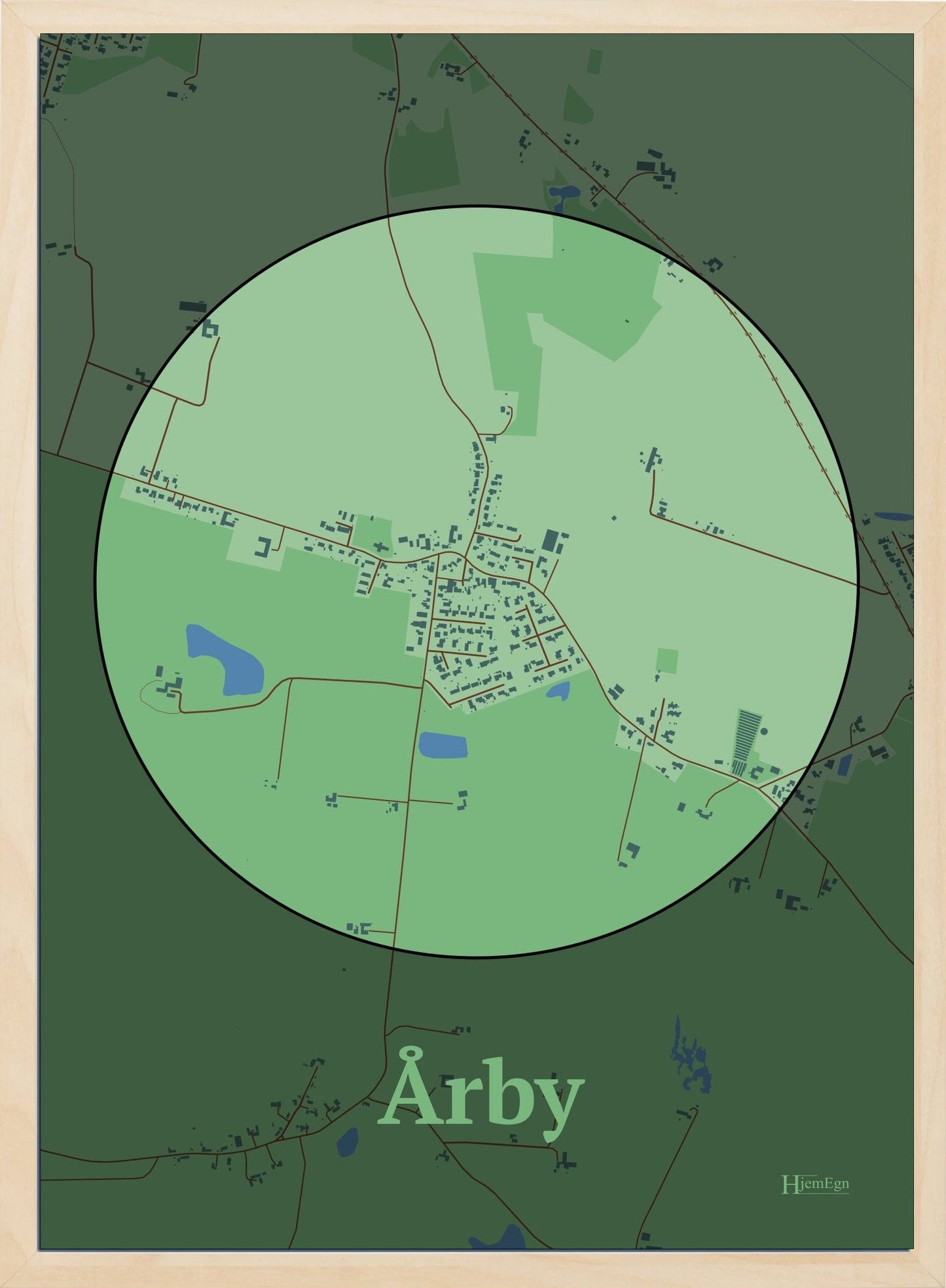 Årby plakat i farve pastel grøn og HjemEgn.dk design centrum. Design bykort for Årby