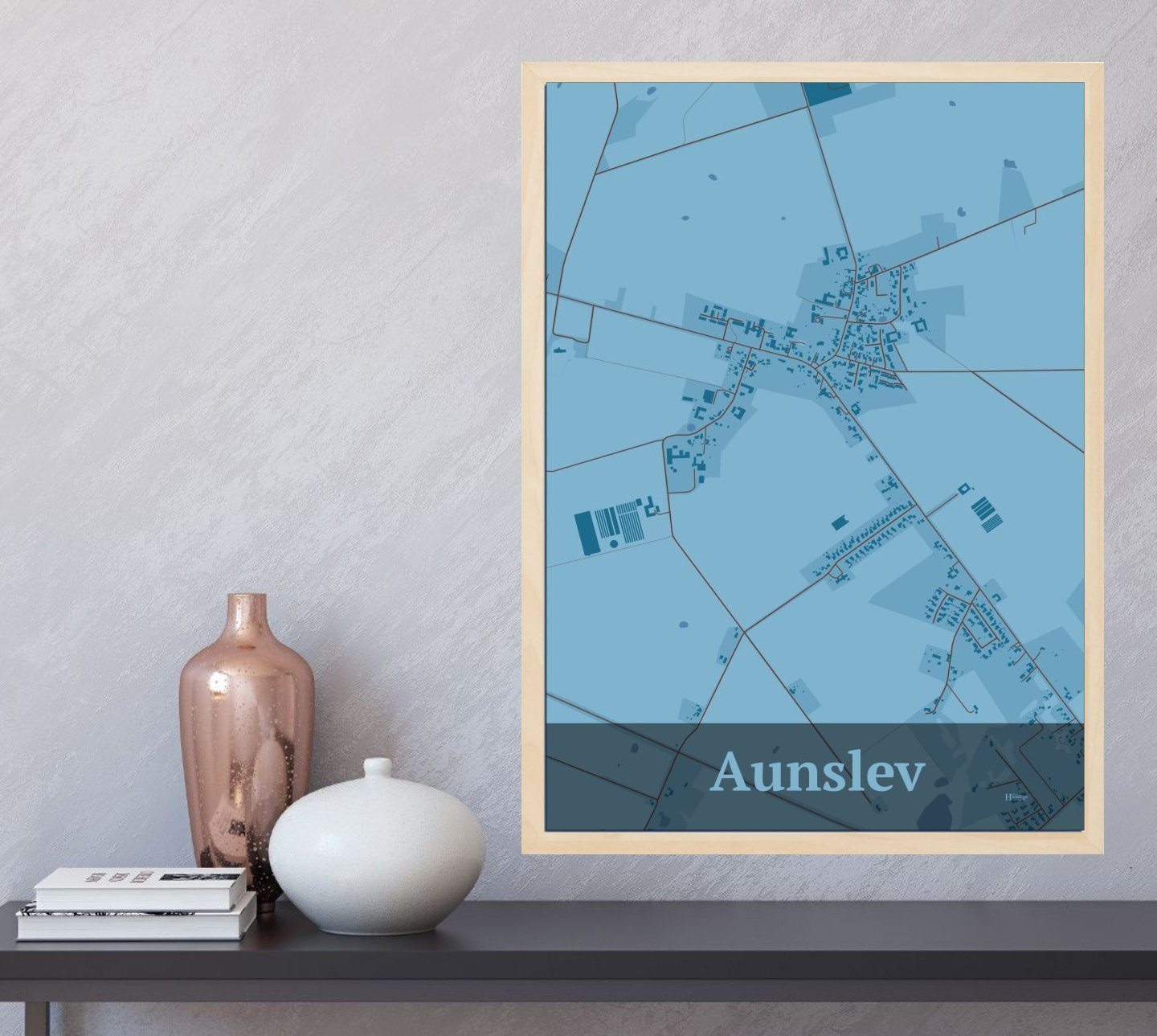 Aunslev plakat i farve og HjemEgn.dk design firkantet. Design bykort for Aunslev
