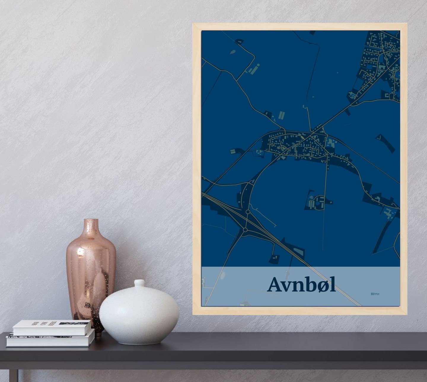 Avnbøl plakat i farve og HjemEgn.dk design firkantet. Design bykort for Avnbøl