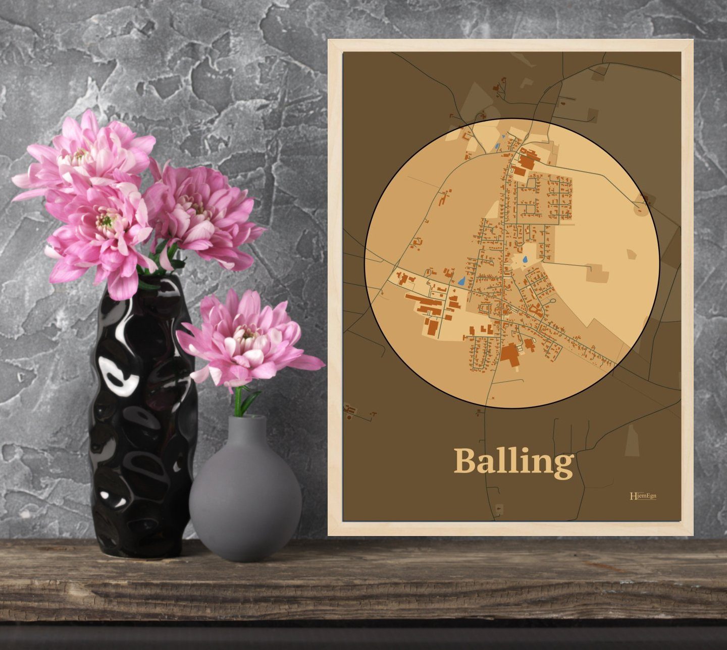 Balling plakat i farve og HjemEgn.dk design centrum. Design bykort for Balling