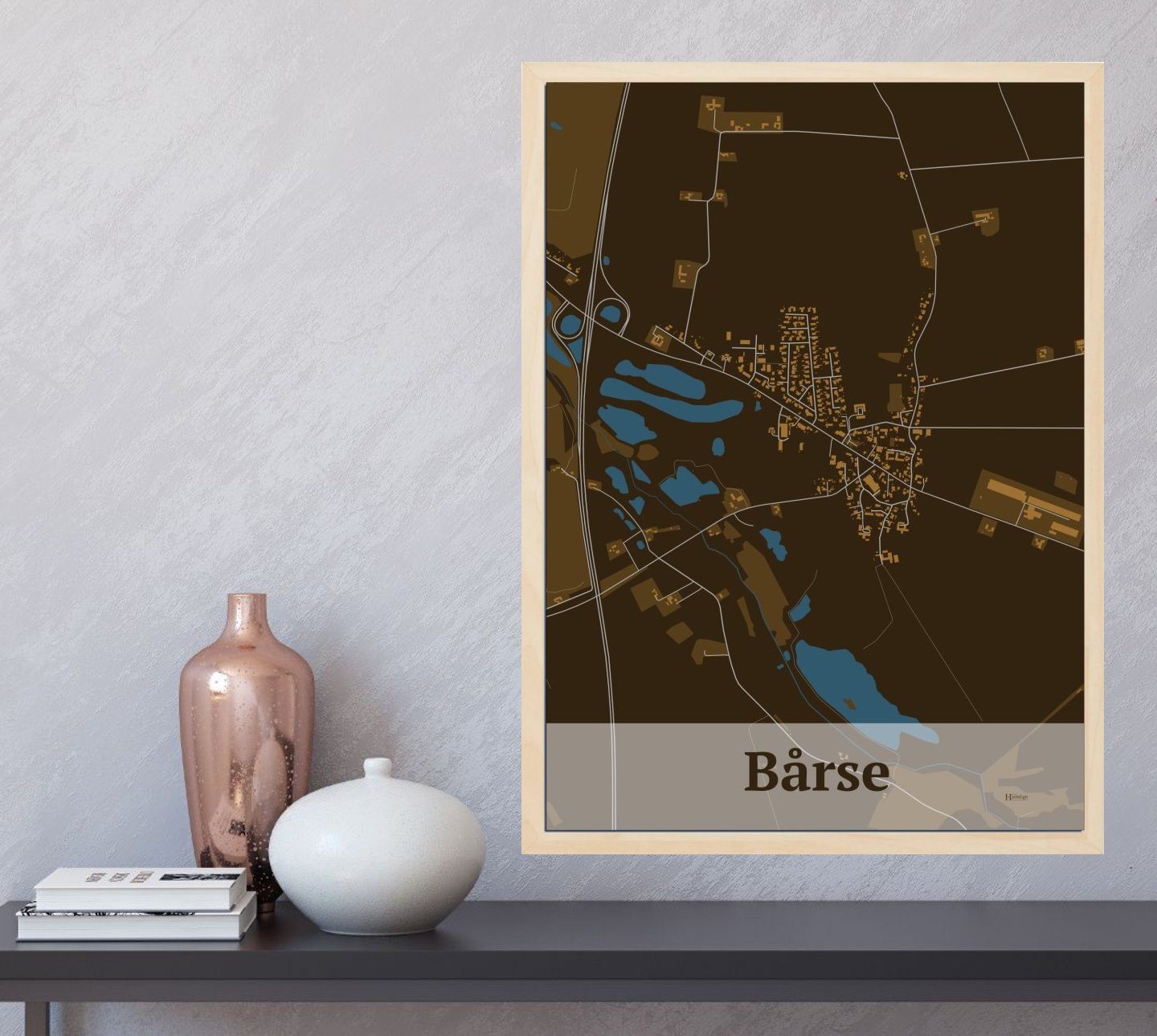 Bårse plakat i farve og HjemEgn.dk design firkantet. Design bykort for Bårse