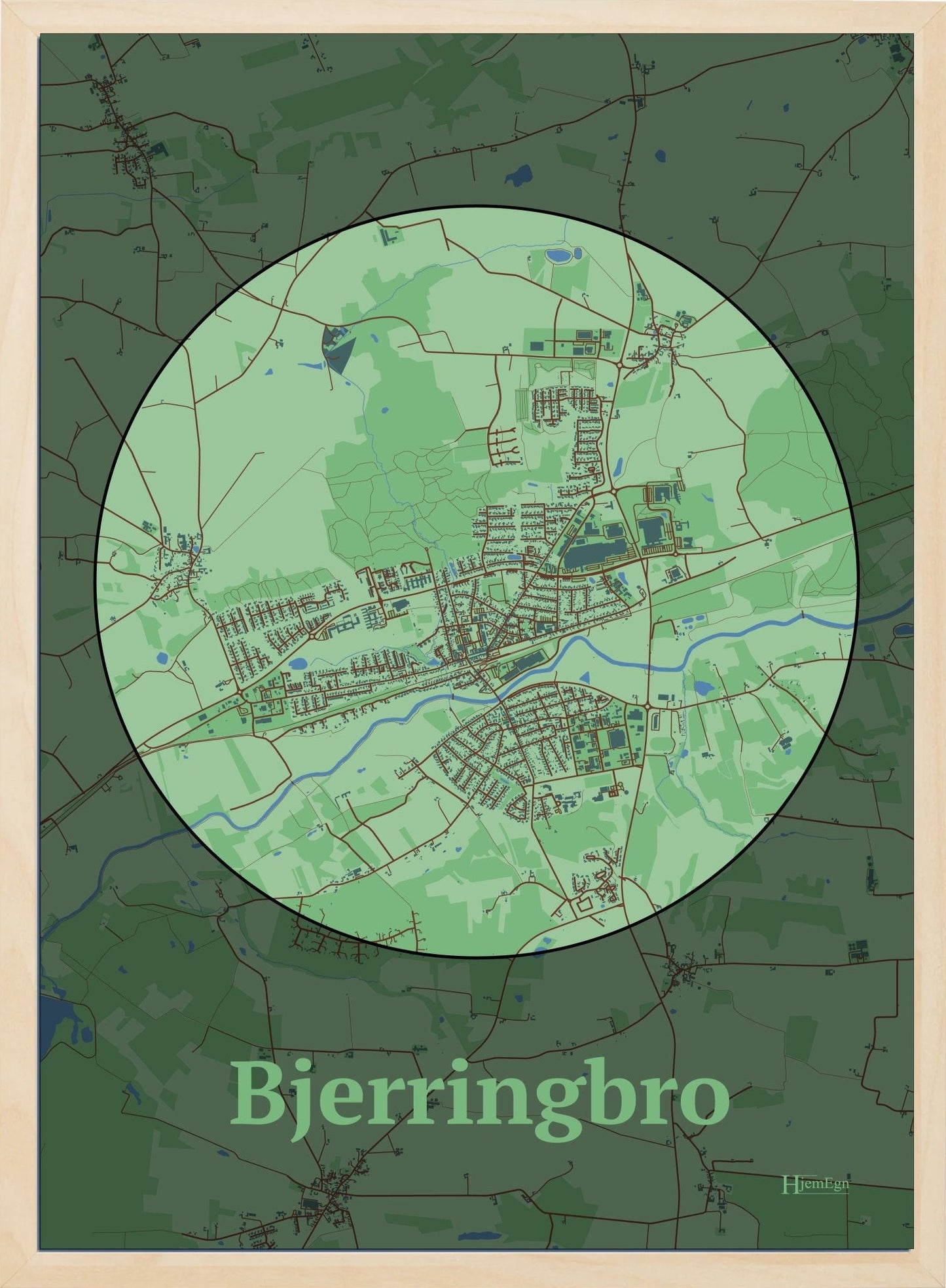 Bjerringbro plakat i farve pastel grøn og HjemEgn.dk design centrum. Design bykort for Bjerringbro