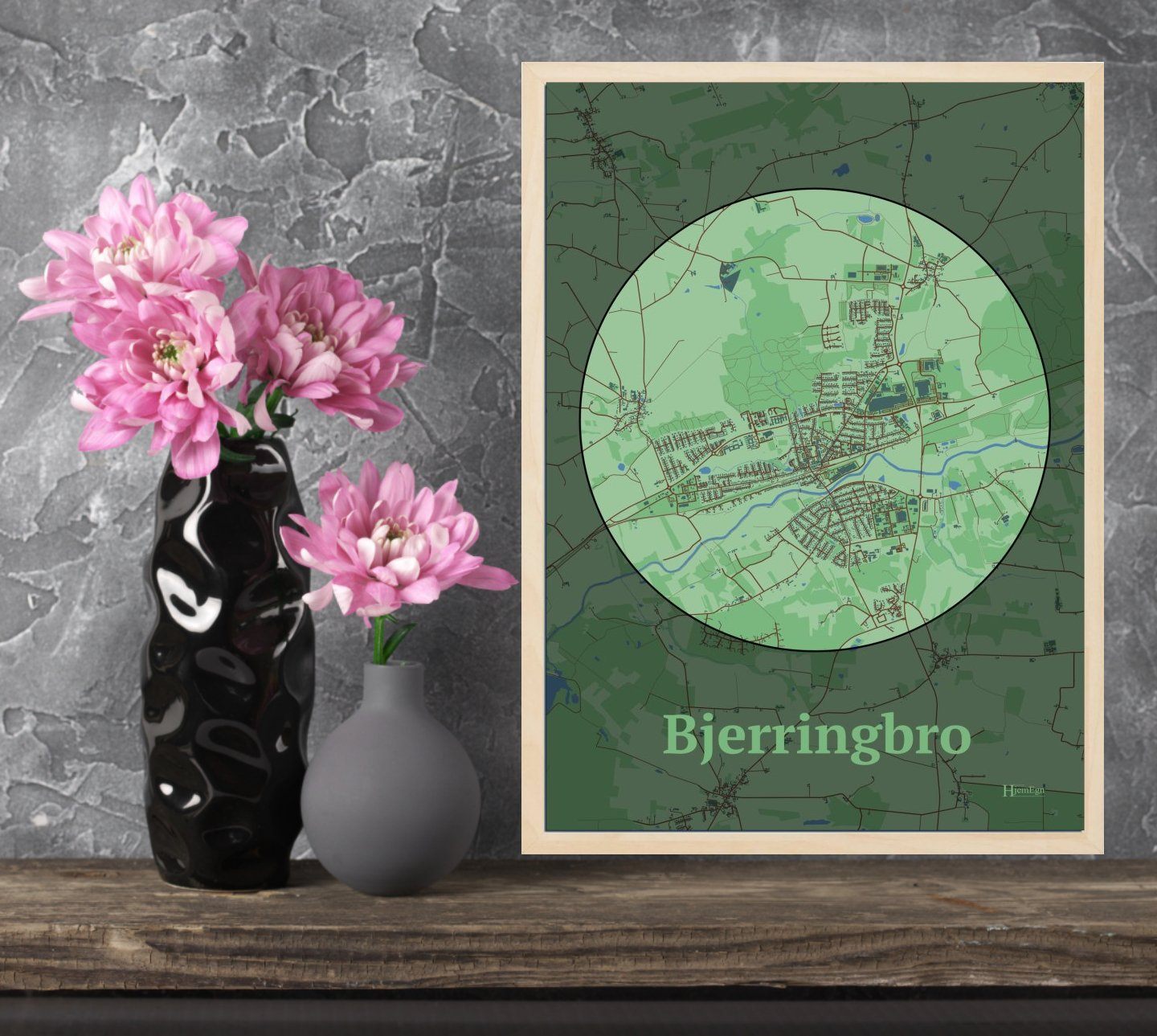 Bjerringbro plakat i farve og HjemEgn.dk design centrum. Design bykort for Bjerringbro