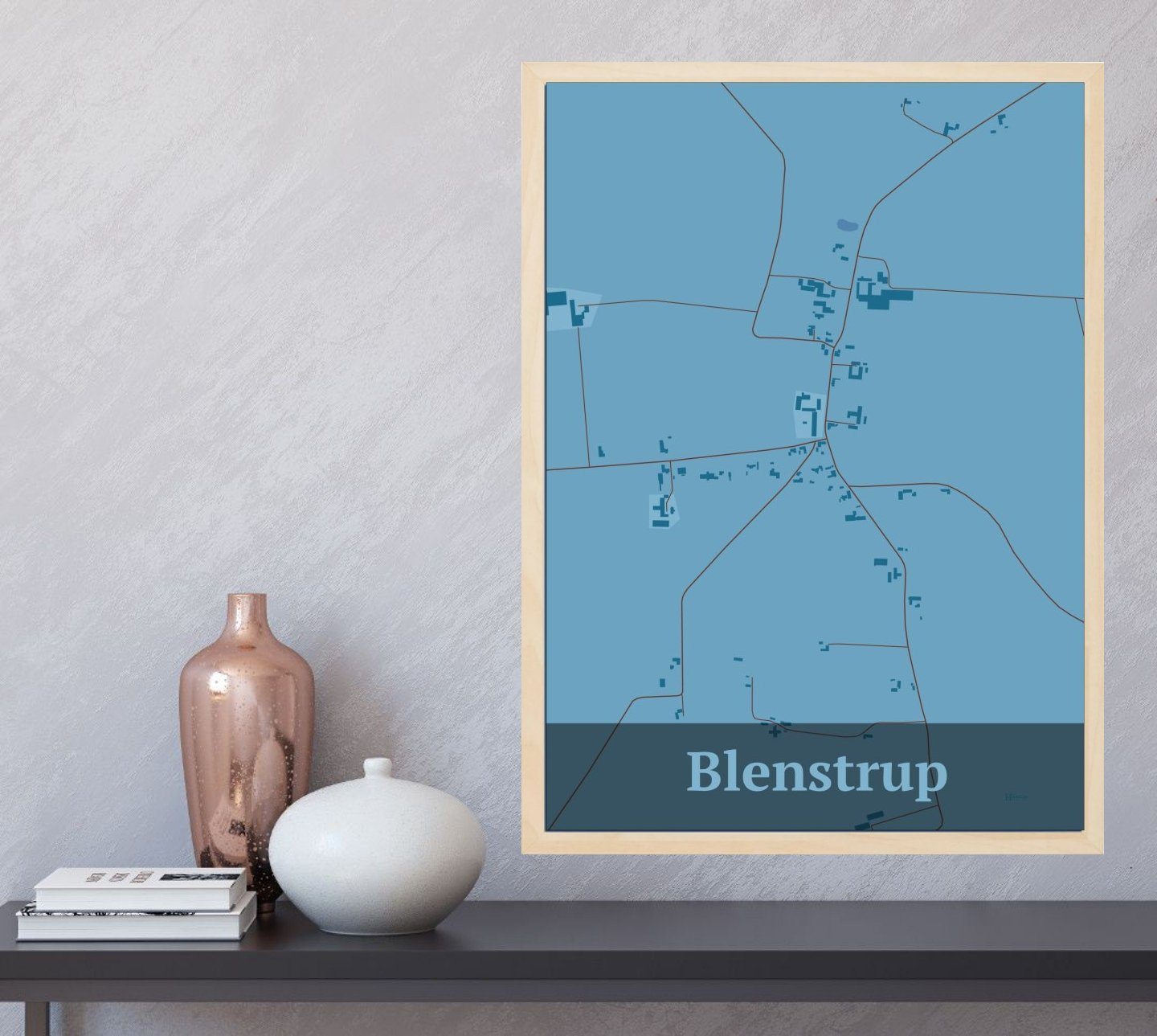 Blenstrup plakat i farve og HjemEgn.dk design firkantet. Design bykort for Blenstrup
