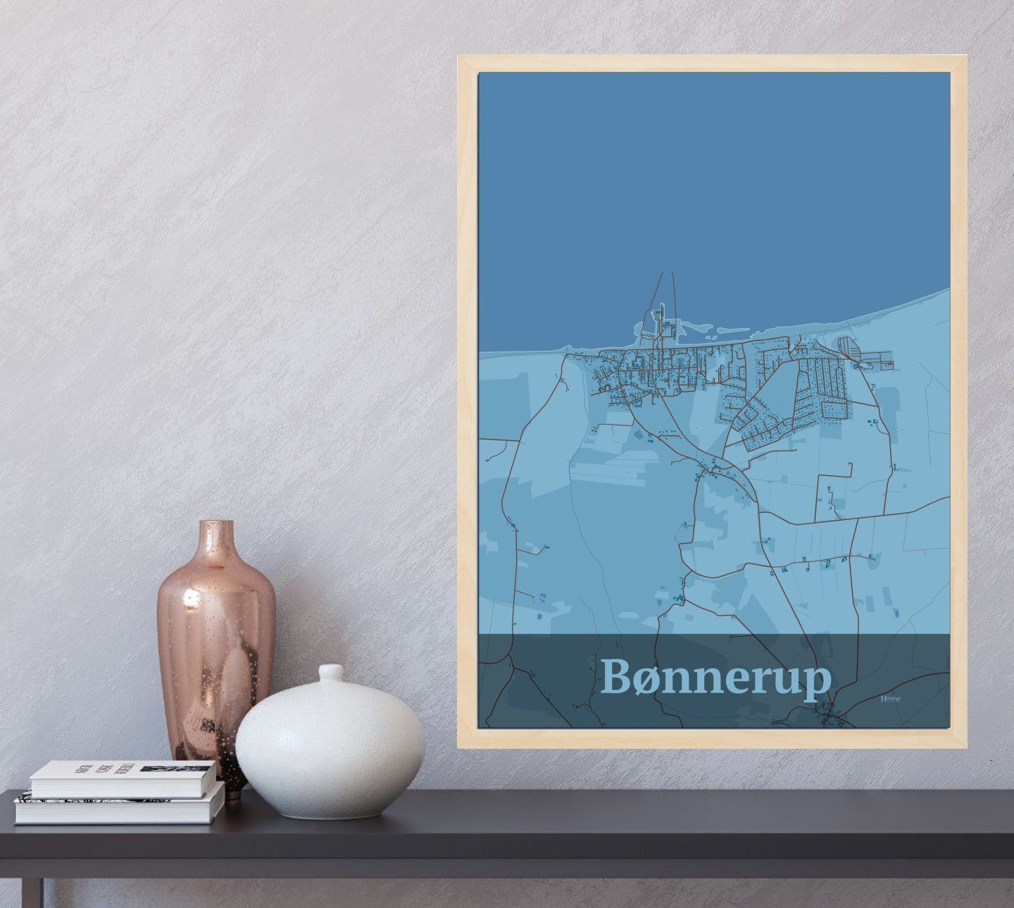 Bønnerup plakat i farve og HjemEgn.dk design firkantet. Design bykort for Bønnerup