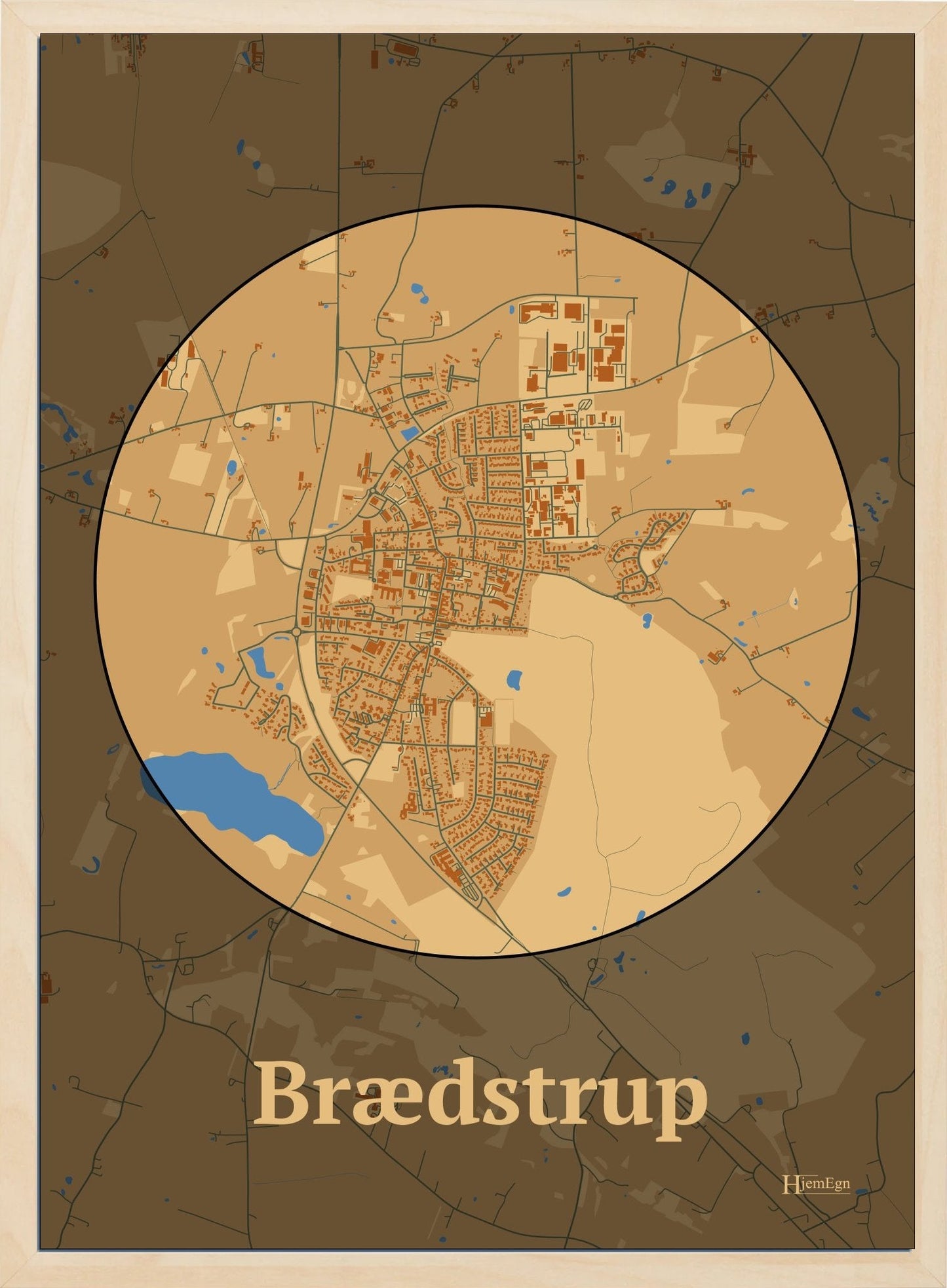 Brædstrup plakat i farve pastel brun og HjemEgn.dk design centrum. Design bykort for Brædstrup