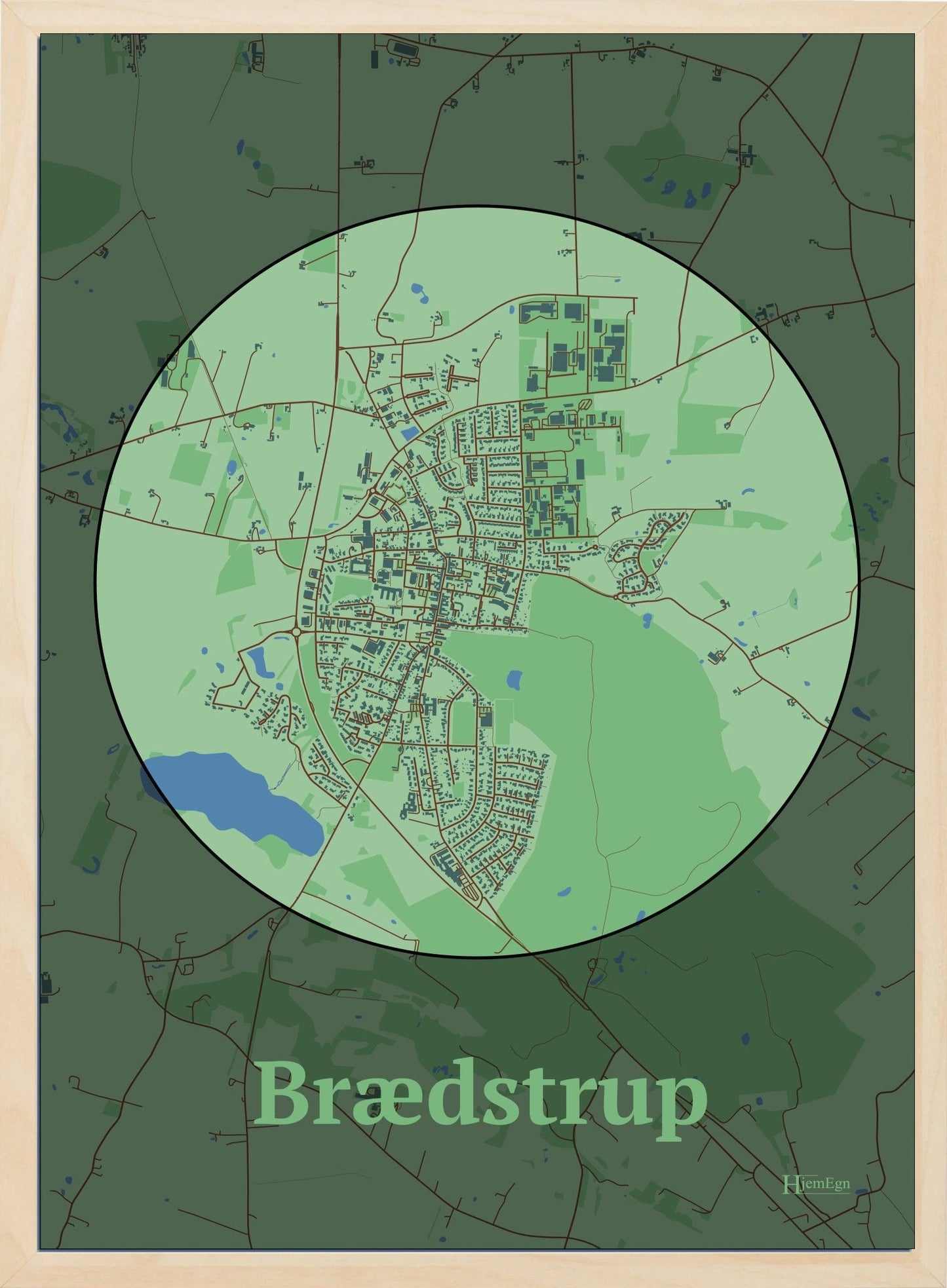 Brædstrup plakat i farve pastel grøn og HjemEgn.dk design centrum. Design bykort for Brædstrup