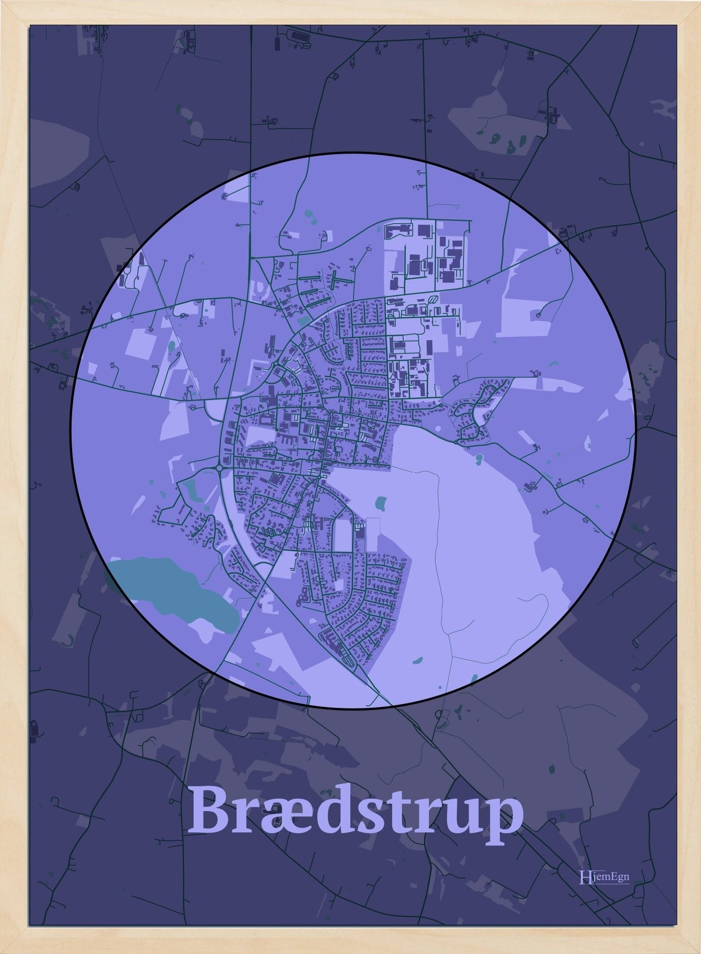 Brædstrup plakat i farve pastel lilla og HjemEgn.dk design centrum. Design bykort for Brædstrup