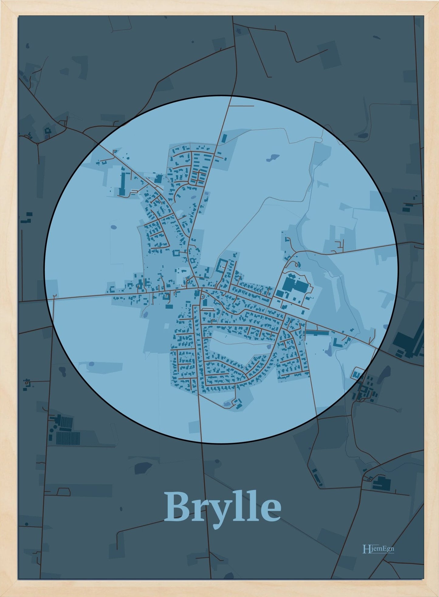 Brylle plakat i farve pastel blå og HjemEgn.dk design centrum. Design bykort for Brylle