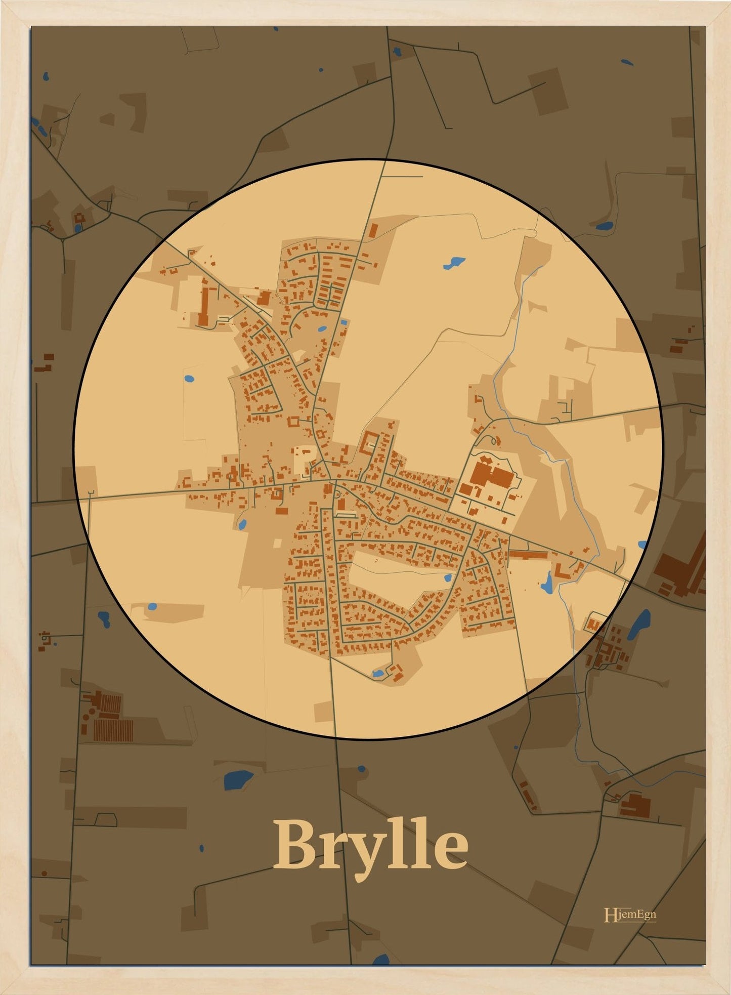 Brylle plakat i farve pastel brun og HjemEgn.dk design centrum. Design bykort for Brylle
