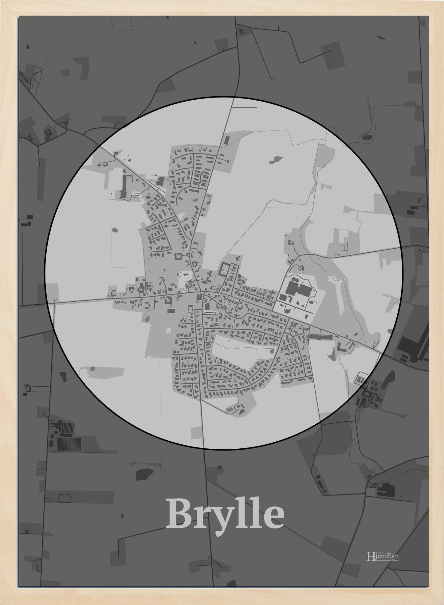 Brylle plakat i farve pastel grå og HjemEgn.dk design centrum. Design bykort for Brylle
