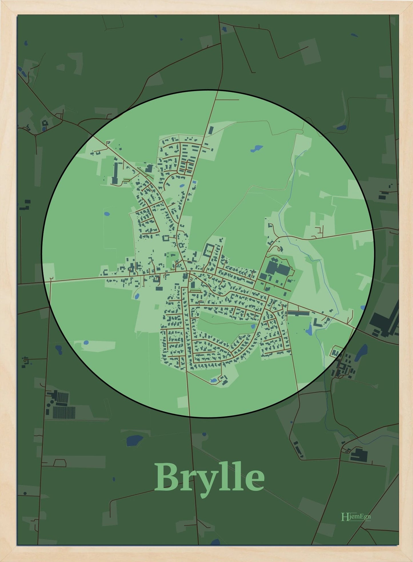Brylle plakat i farve pastel grøn og HjemEgn.dk design centrum. Design bykort for Brylle
