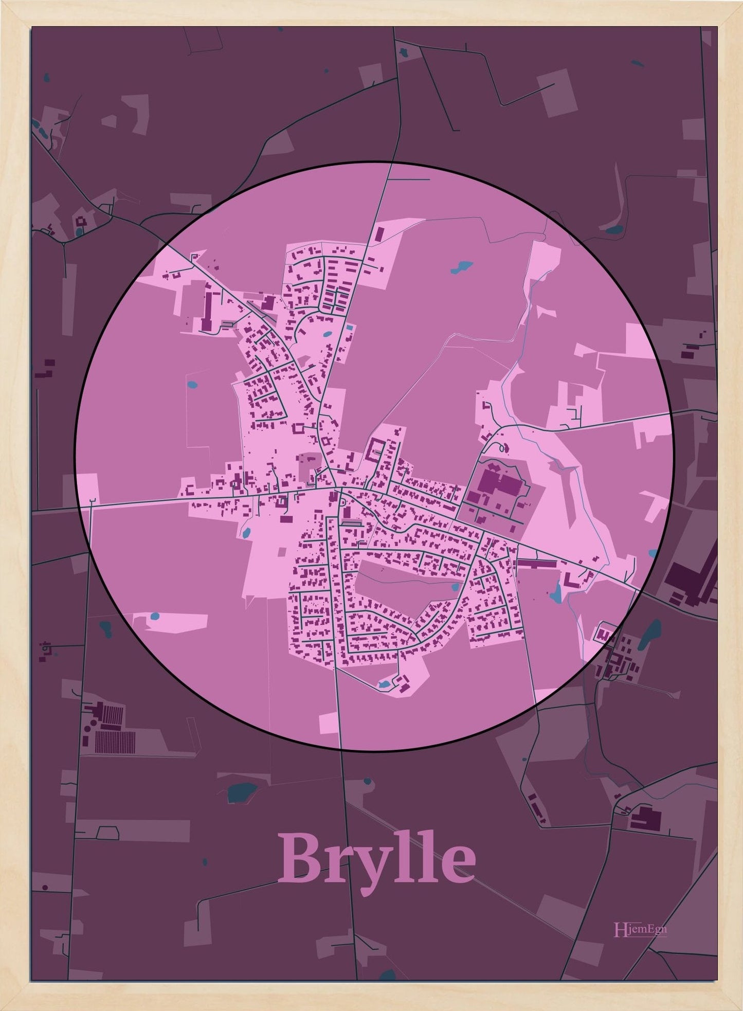 Brylle plakat i farve pastel rød og HjemEgn.dk design centrum. Design bykort for Brylle