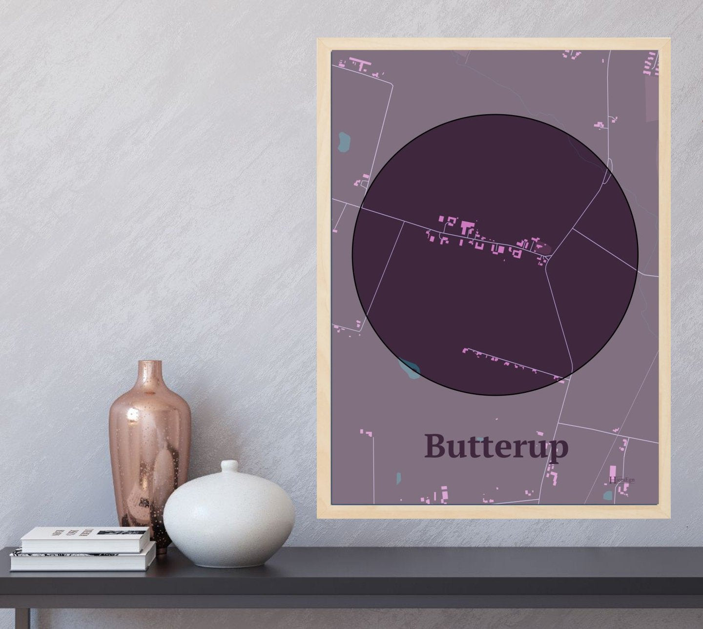 Butterup plakat i farve og HjemEgn.dk design centrum. Design bykort for Butterup