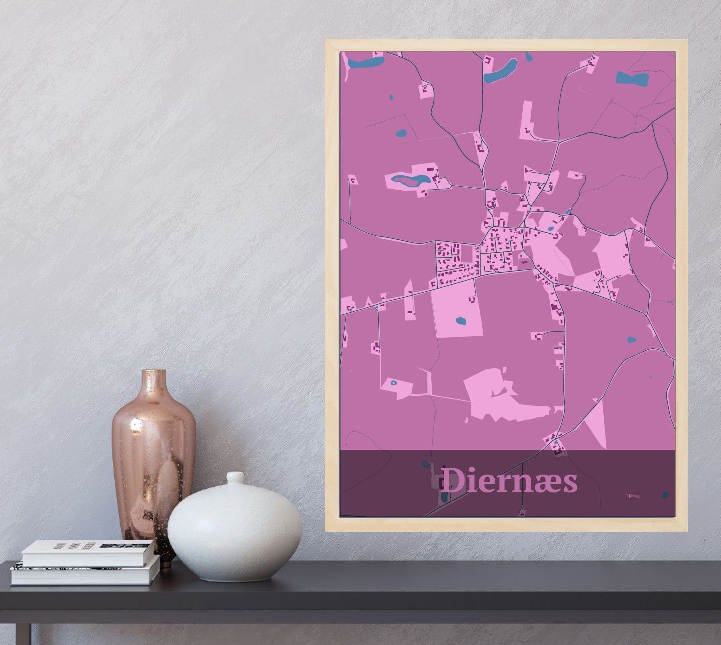 Diernæs plakat i farve og HjemEgn.dk design firkantet. Design bykort for Diernæs