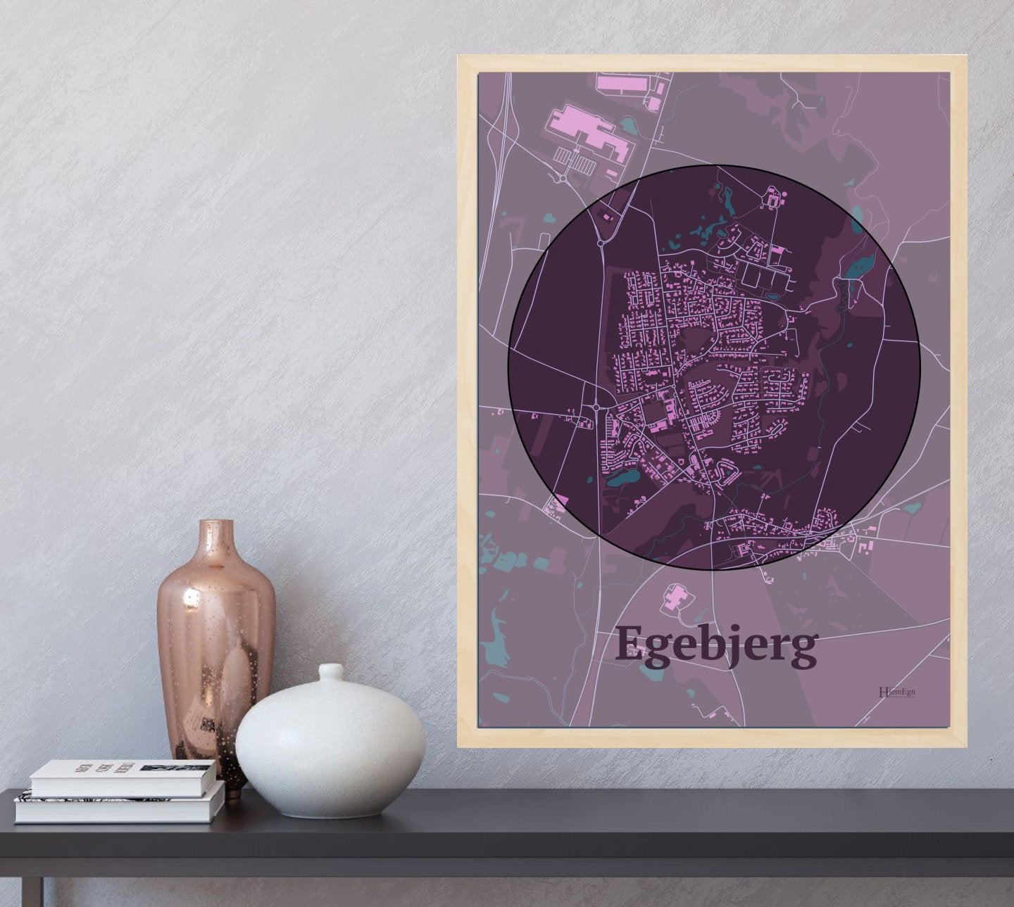 Egebjerg plakat i farve og HjemEgn.dk design centrum. Design bykort for Egebjerg