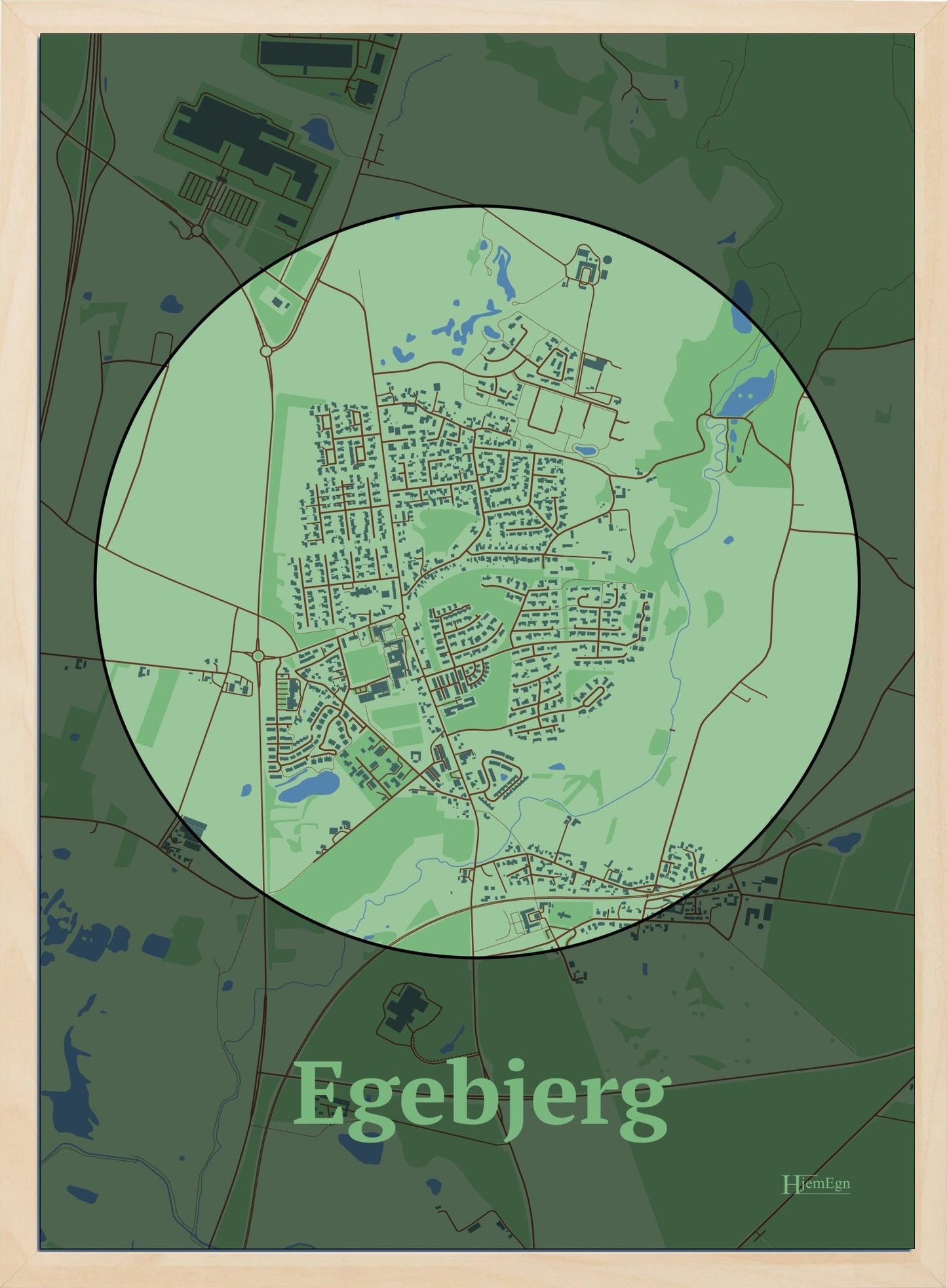 Egebjerg plakat i farve pastel grøn og HjemEgn.dk design centrum. Design bykort for Egebjerg