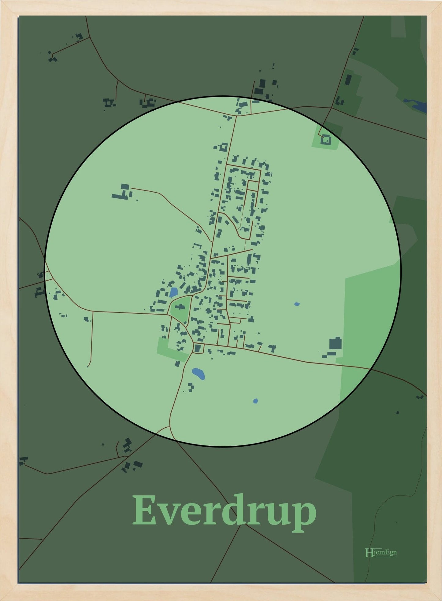 Everdrup plakat i farve pastel grøn og HjemEgn.dk design centrum. Design bykort for Everdrup