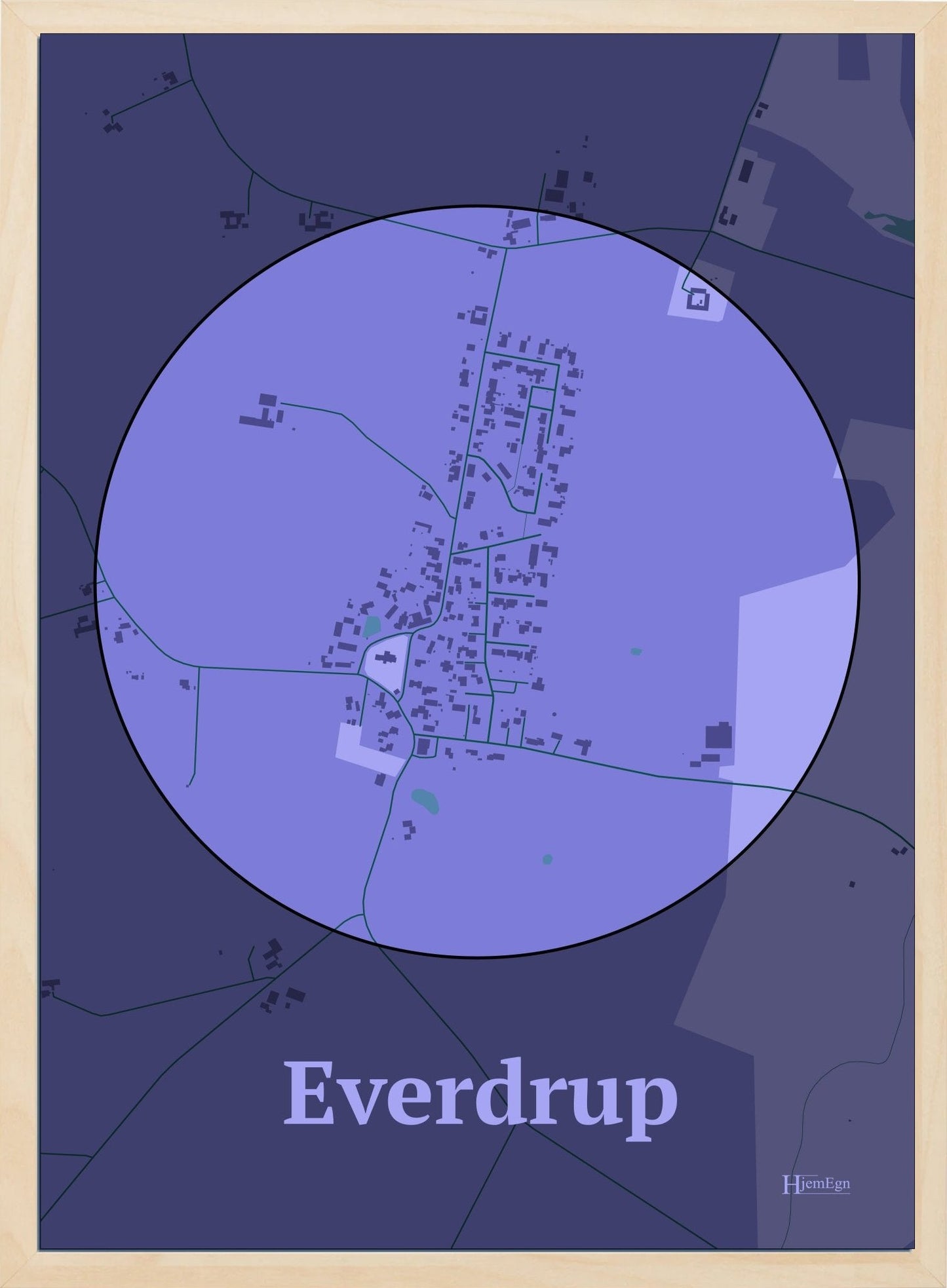 Everdrup plakat i farve pastel lilla og HjemEgn.dk design centrum. Design bykort for Everdrup