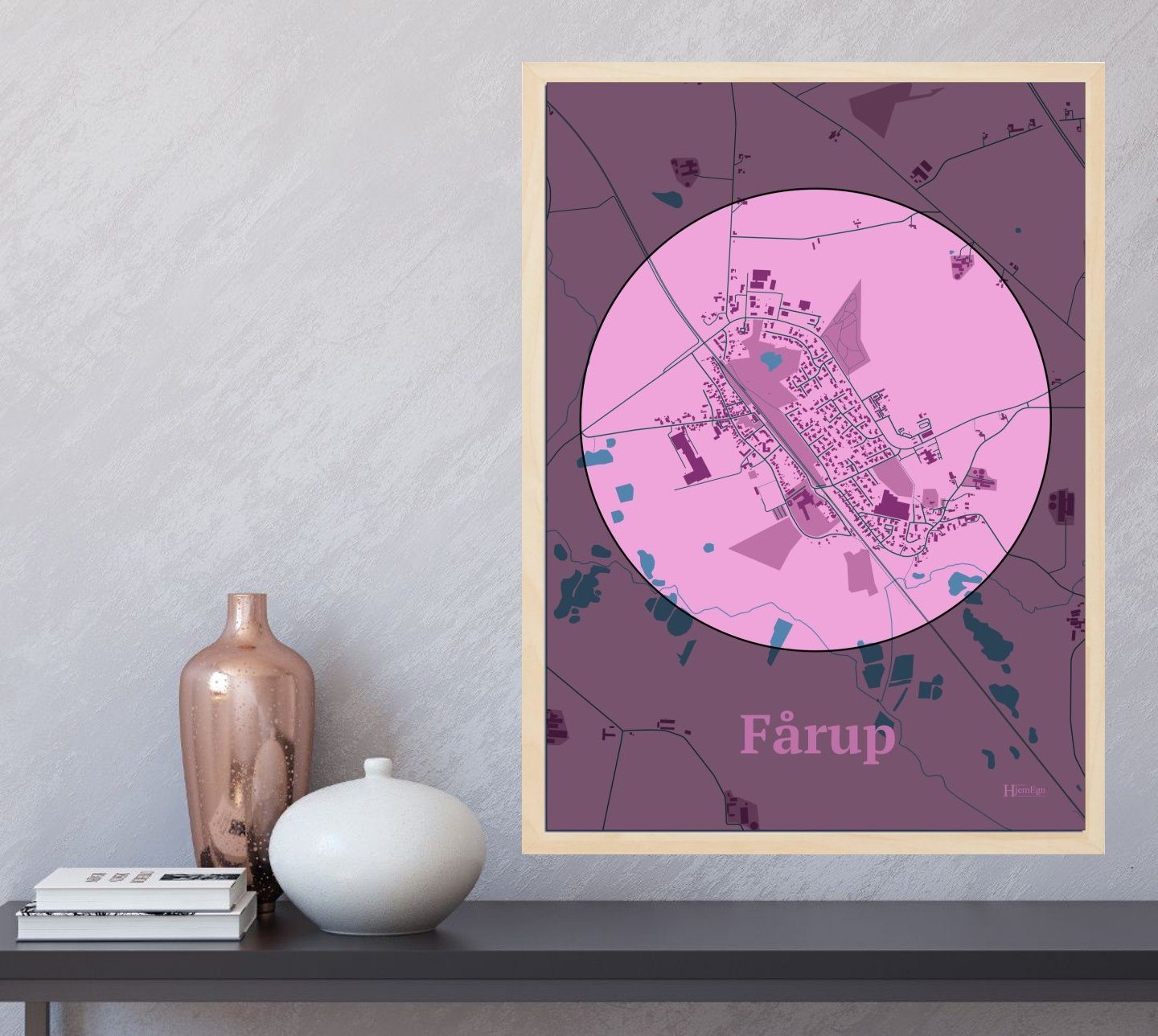Fårup plakat i farve og HjemEgn.dk design centrum. Design bykort for Fårup