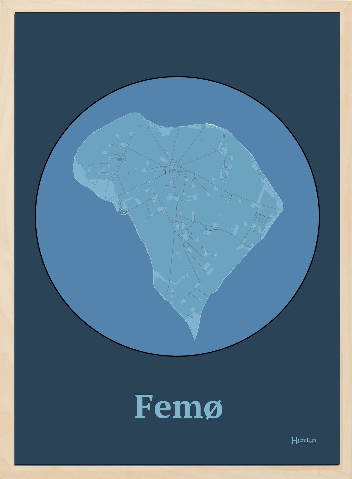 Femø plakat i farve pastel blå og HjemEgn.dk design centrum. Design ø-kort for Femø