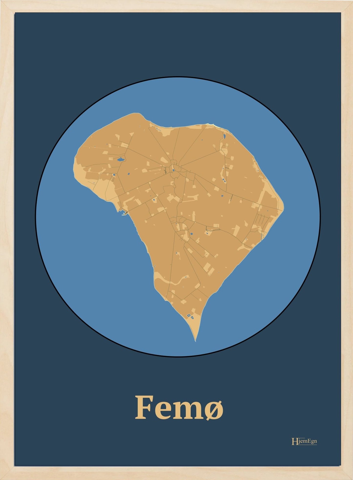 Femø plakat i farve pastel brun og HjemEgn.dk design centrum. Design ø-kort for Femø