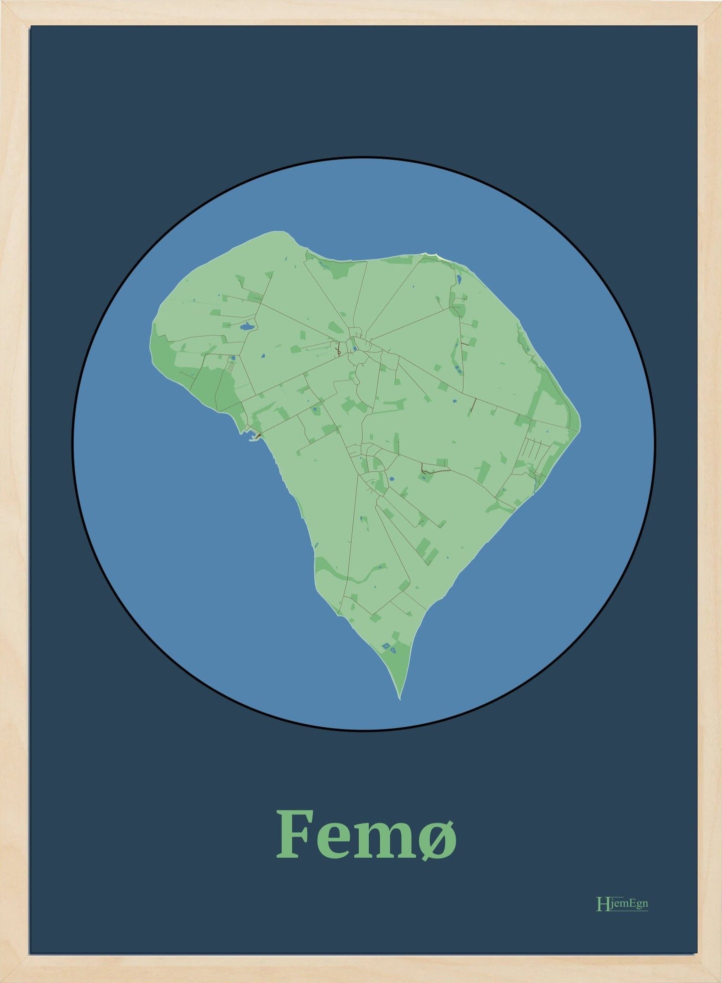 Femø plakat i farve pastel grøn og HjemEgn.dk design centrum. Design ø-kort for Femø