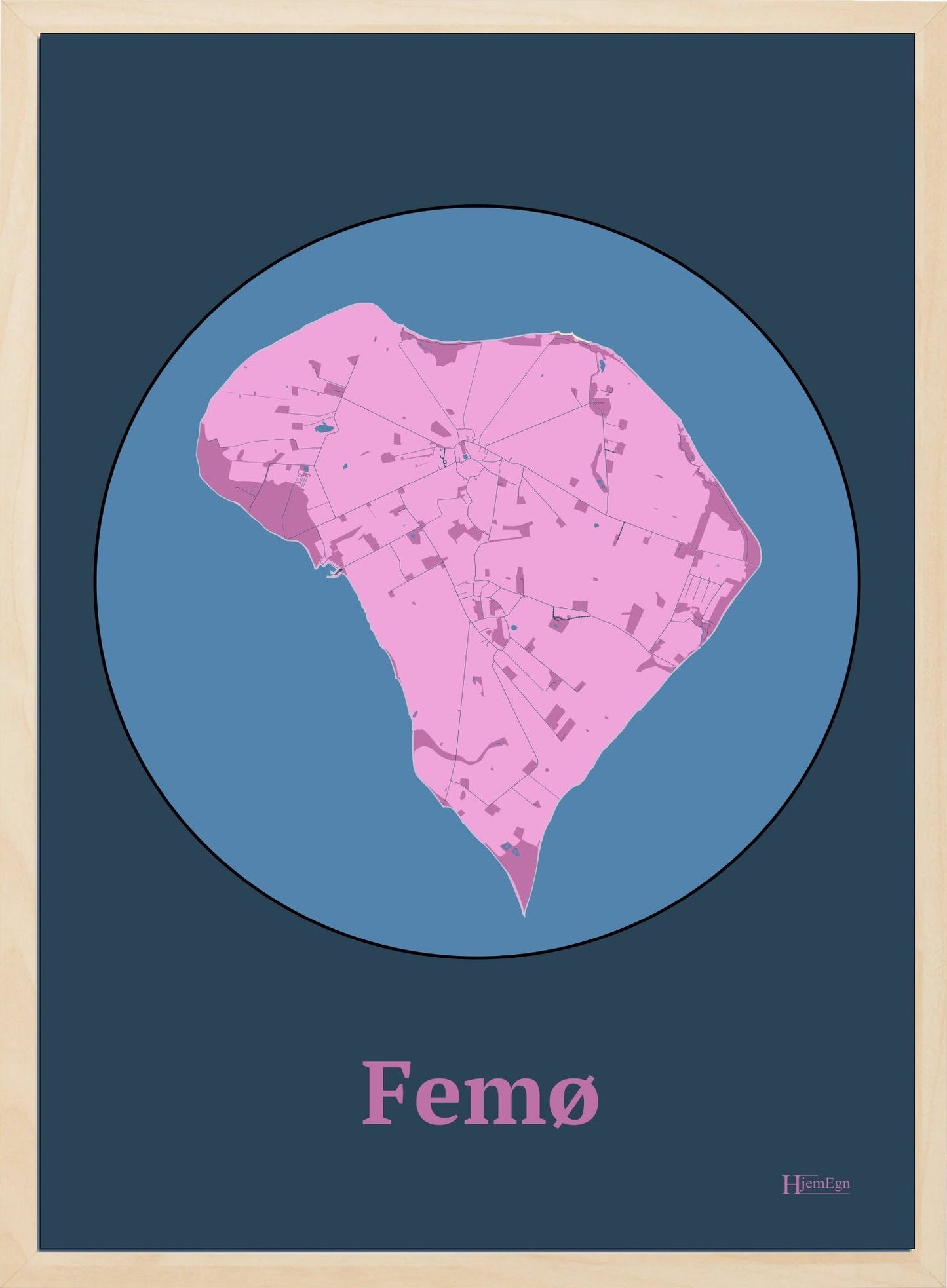 Femø plakat i farve pastel rød og HjemEgn.dk design centrum. Design ø-kort for Femø