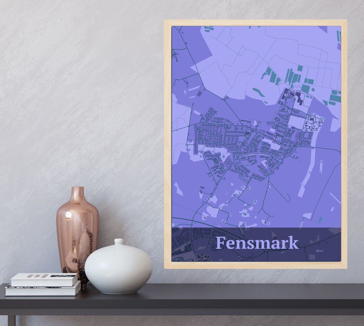 Fensmark plakat i farve og HjemEgn.dk design firkantet. Design bykort for Fensmark