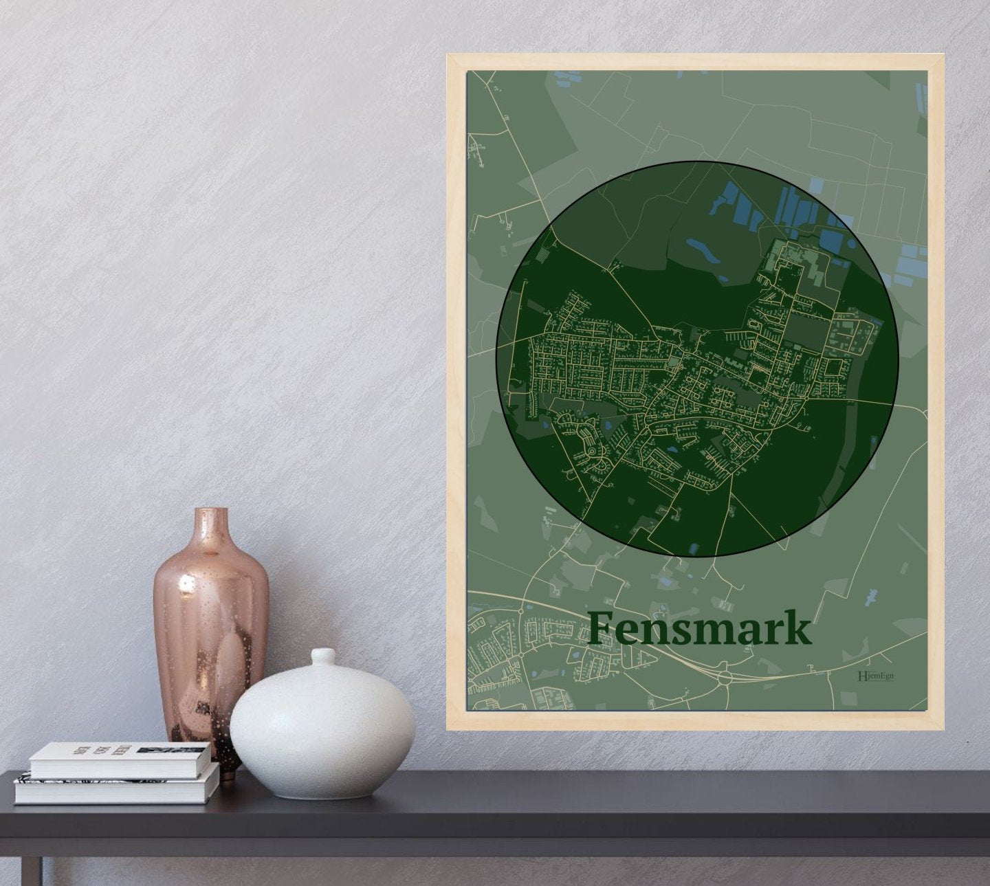 Fensmark plakat i farve og HjemEgn.dk design centrum. Design bykort for Fensmark