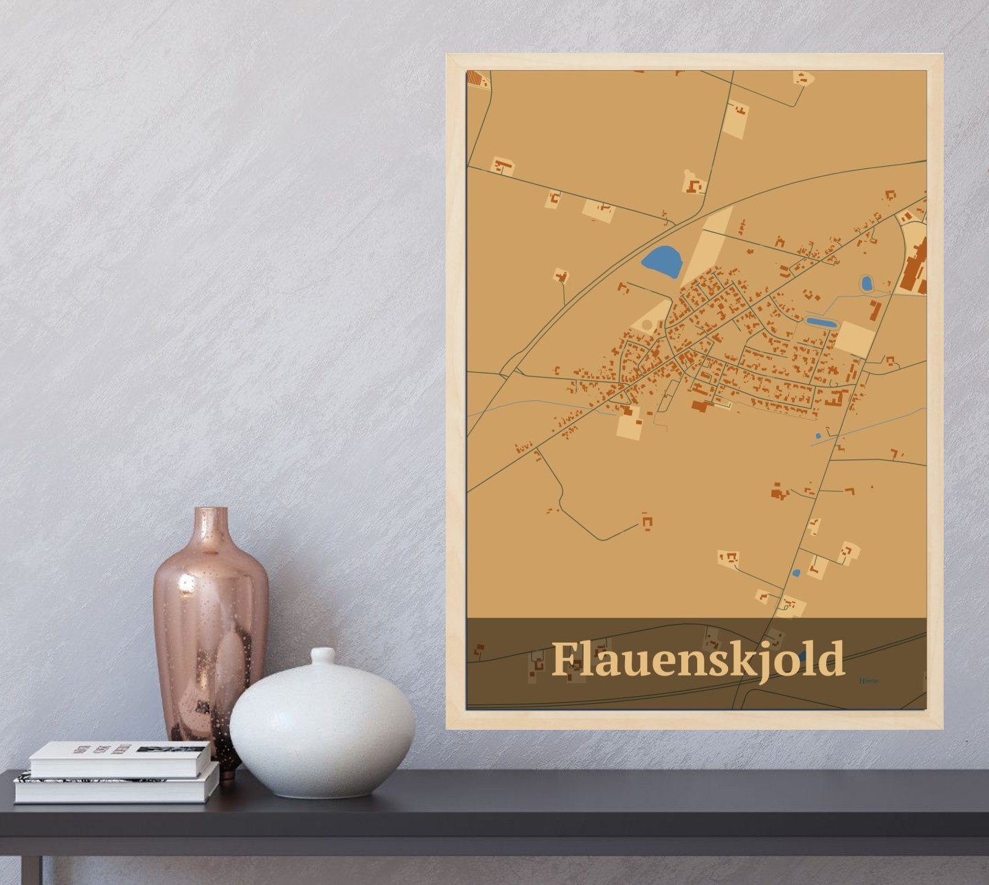 Flauenskjold plakat i farve og HjemEgn.dk design firkantet. Design bykort for Flauenskjold