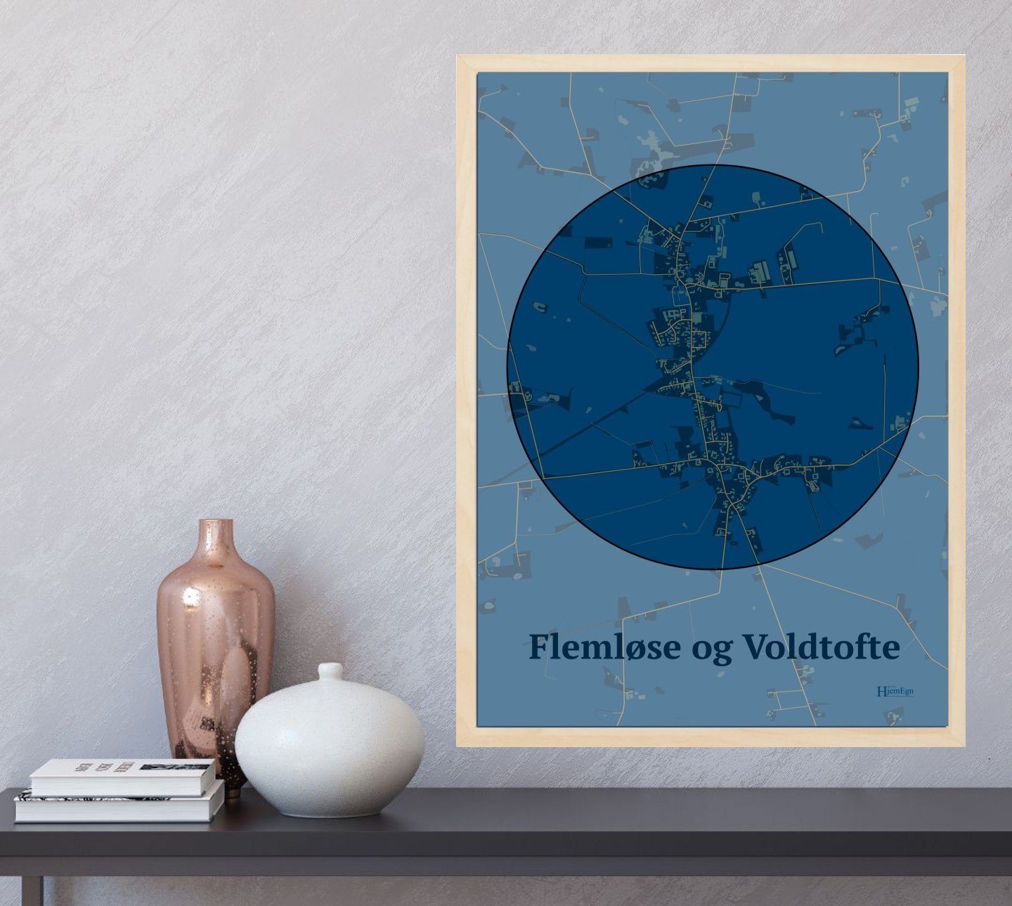 Flemløse & Voldtofte plakat i farve og HjemEgn.dk design centrum. Design bykort for Flemløse & Voldtofte