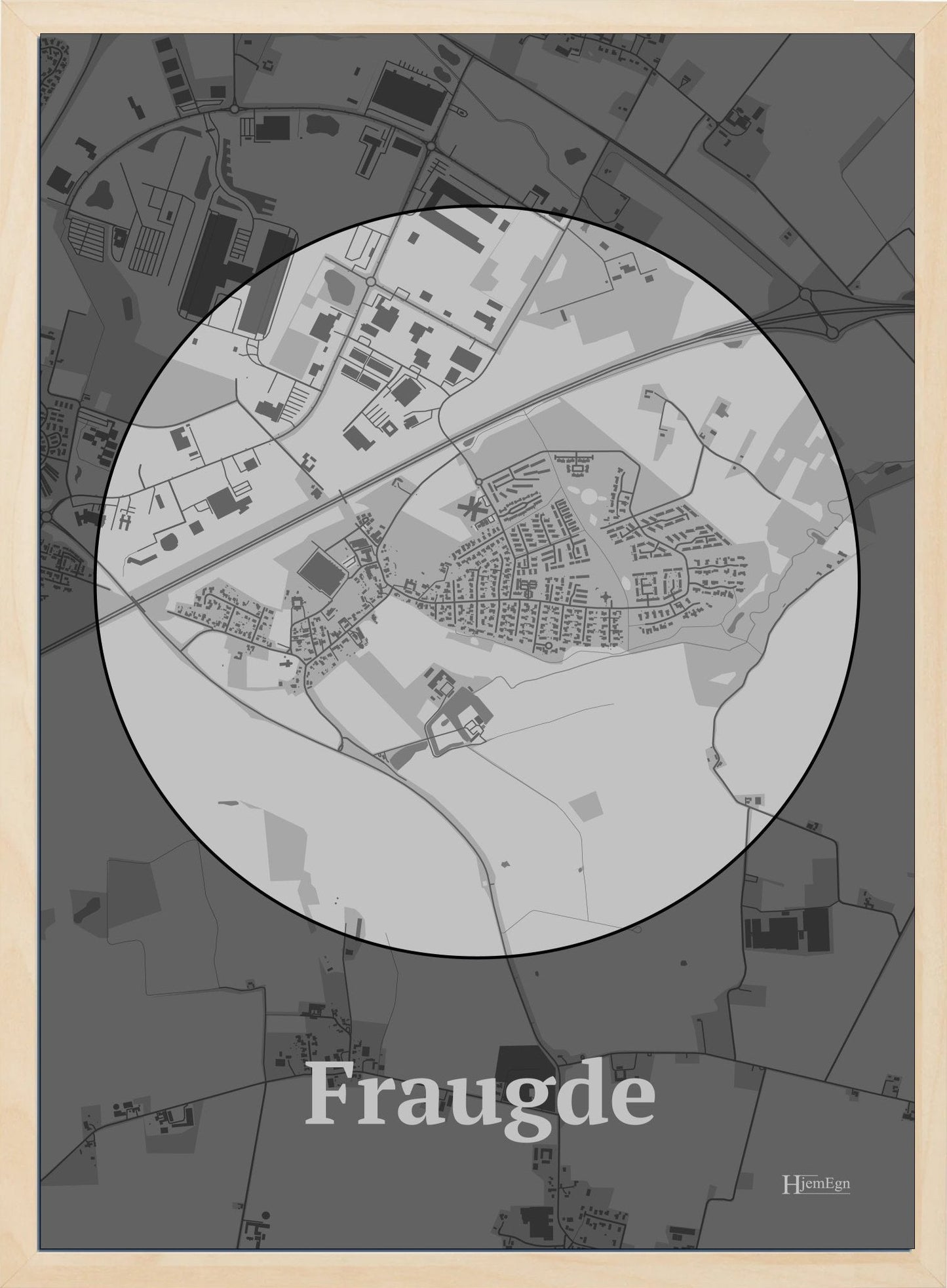 Fraugde plakat i farve pastel grå og HjemEgn.dk design centrum. Design bykort for Fraugde