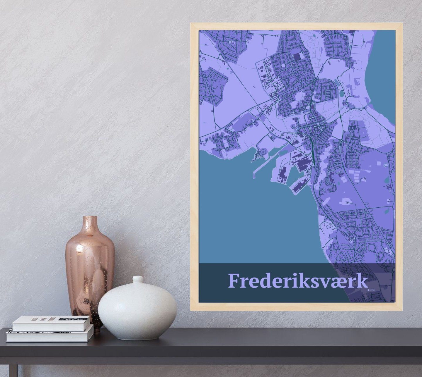 Frederiksværk plakat i farve og HjemEgn.dk design firkantet. Design bykort for Frederiksværk