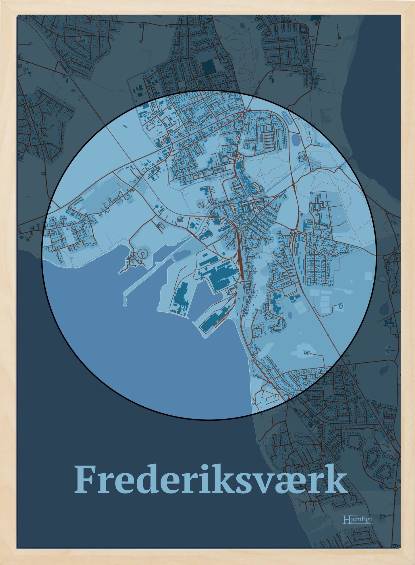Frederiksværk plakat i farve pastel blå og HjemEgn.dk design centrum. Design bykort for Frederiksværk
