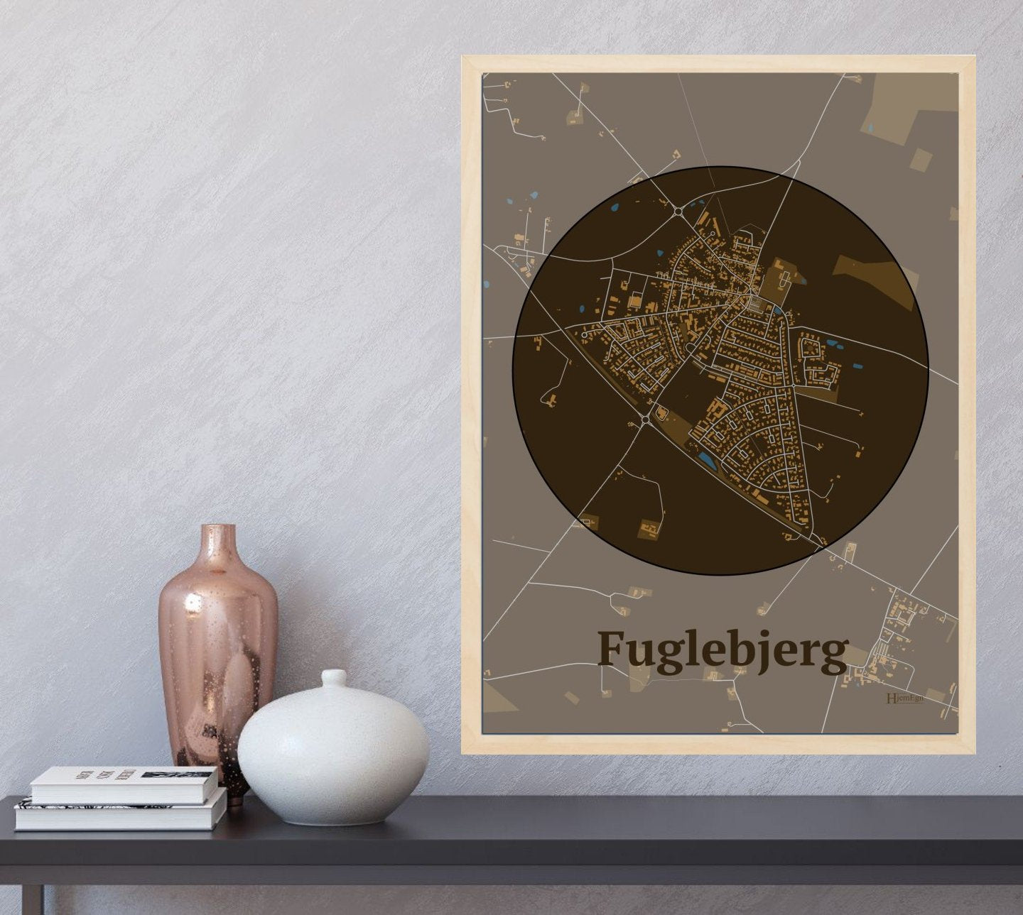 Fuglebjerg plakat i farve og HjemEgn.dk design centrum. Design bykort for Fuglebjerg