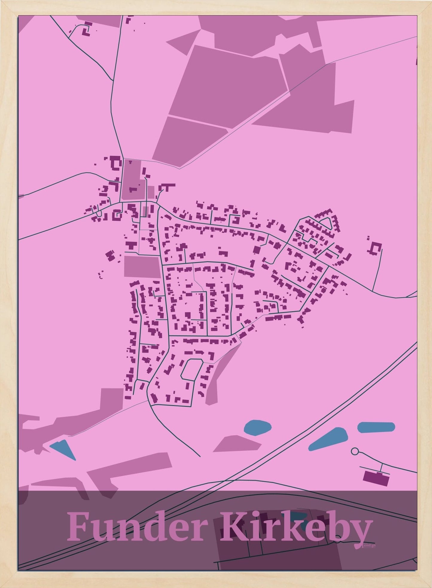 Funder Kirkeby plakat i farve pastel rød og HjemEgn.dk design firkantet. Design bykort for Funder Kirkeby