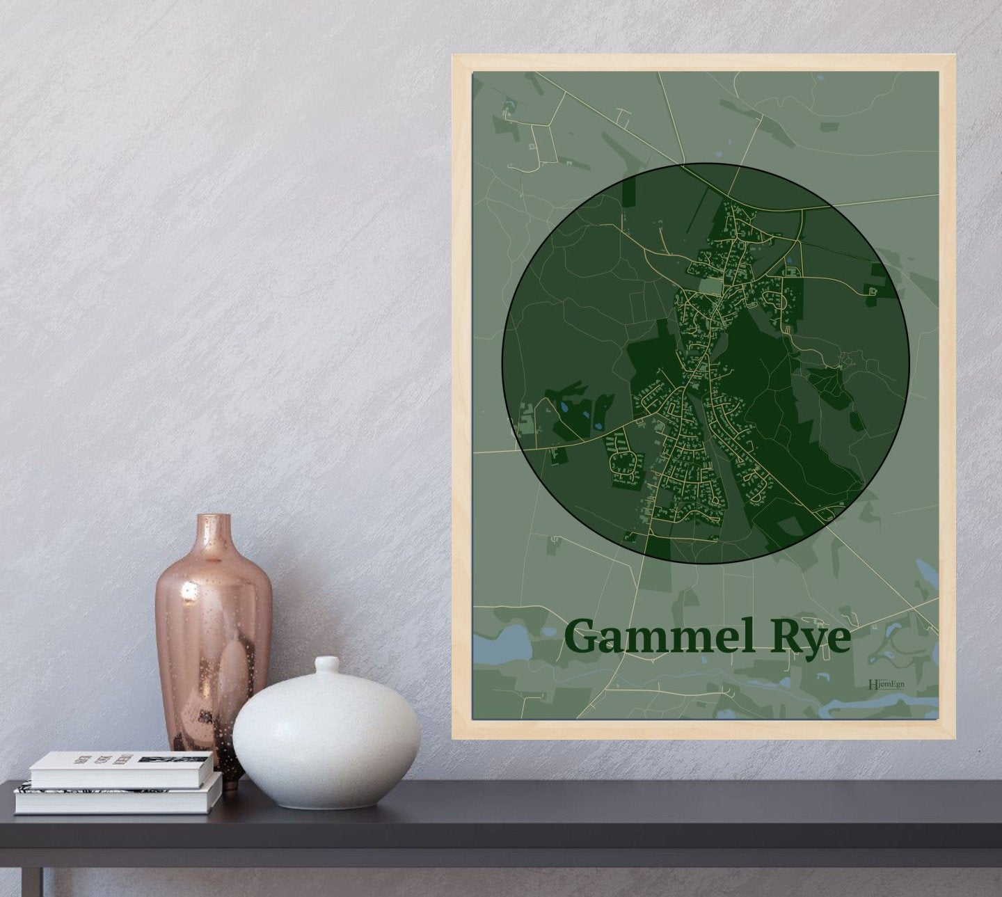 Gammel Rye plakat i farve og HjemEgn.dk design centrum. Design bykort for Gammel Rye
