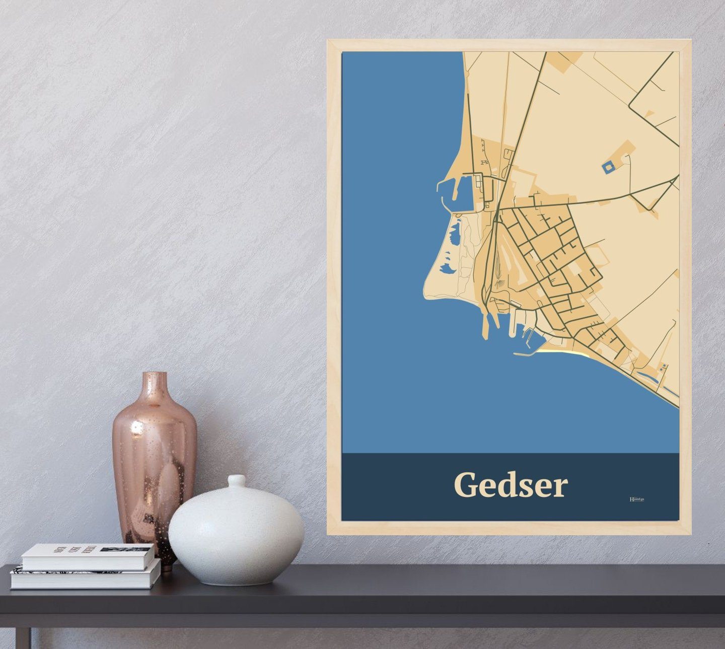 Gedser plakat i farve og HjemEgn.dk design firkantet. Design bykort for Gedser