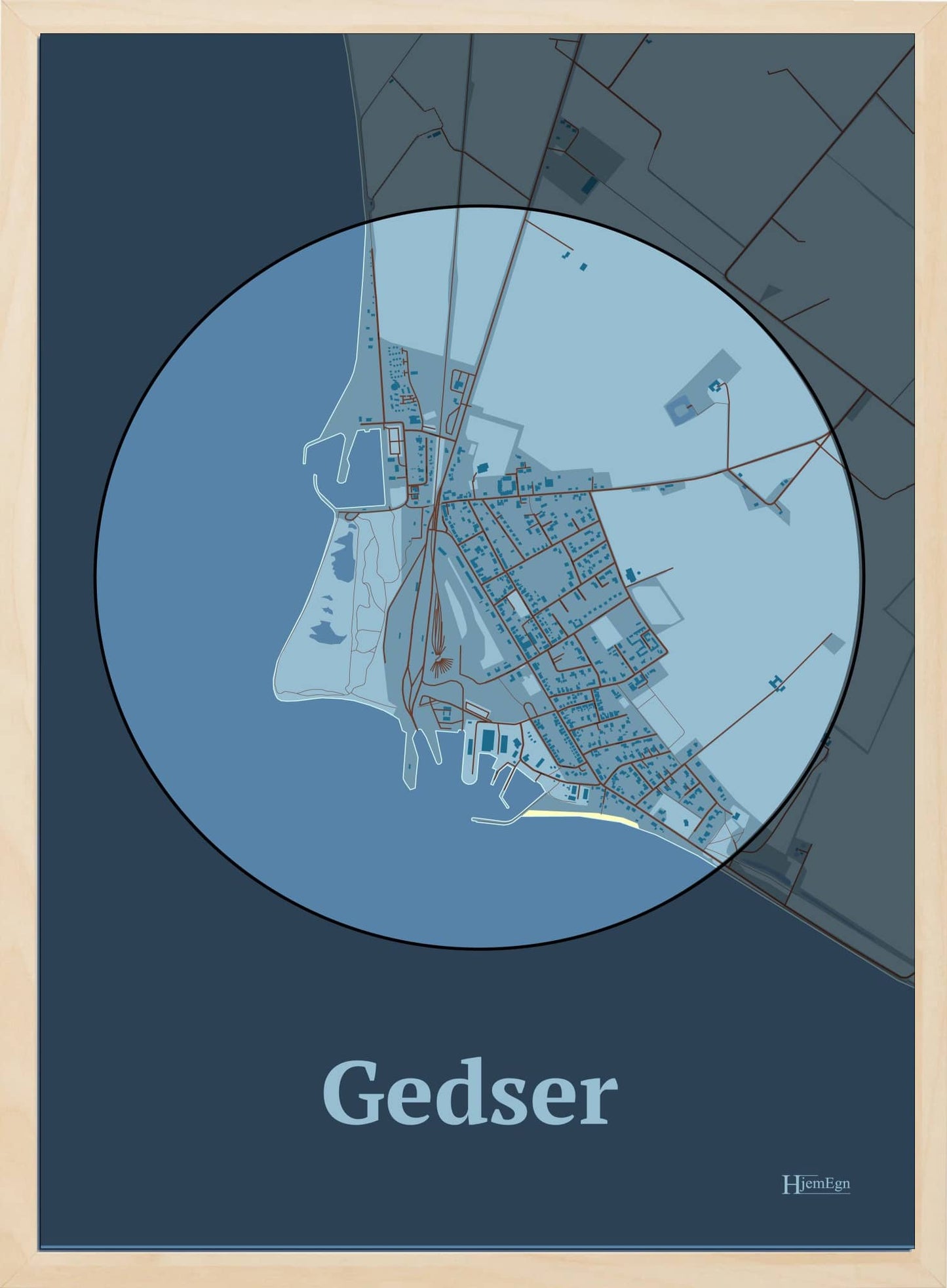 Gedser plakat i farve pastel blå og HjemEgn.dk design centrum. Design bykort for Gedser