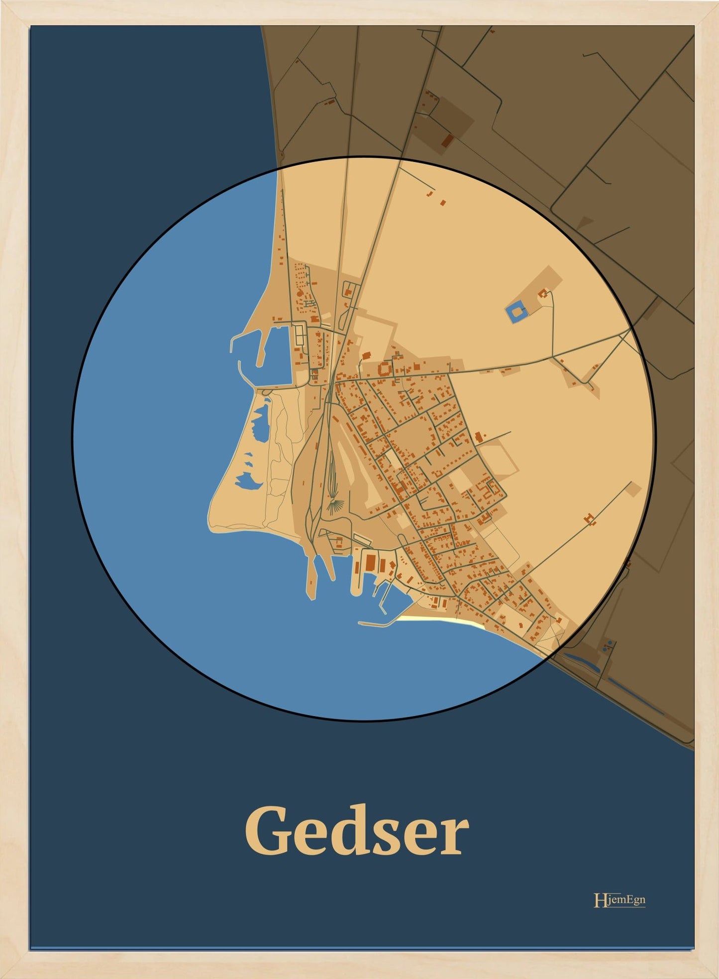 Gedser plakat i farve pastel brun og HjemEgn.dk design centrum. Design bykort for Gedser