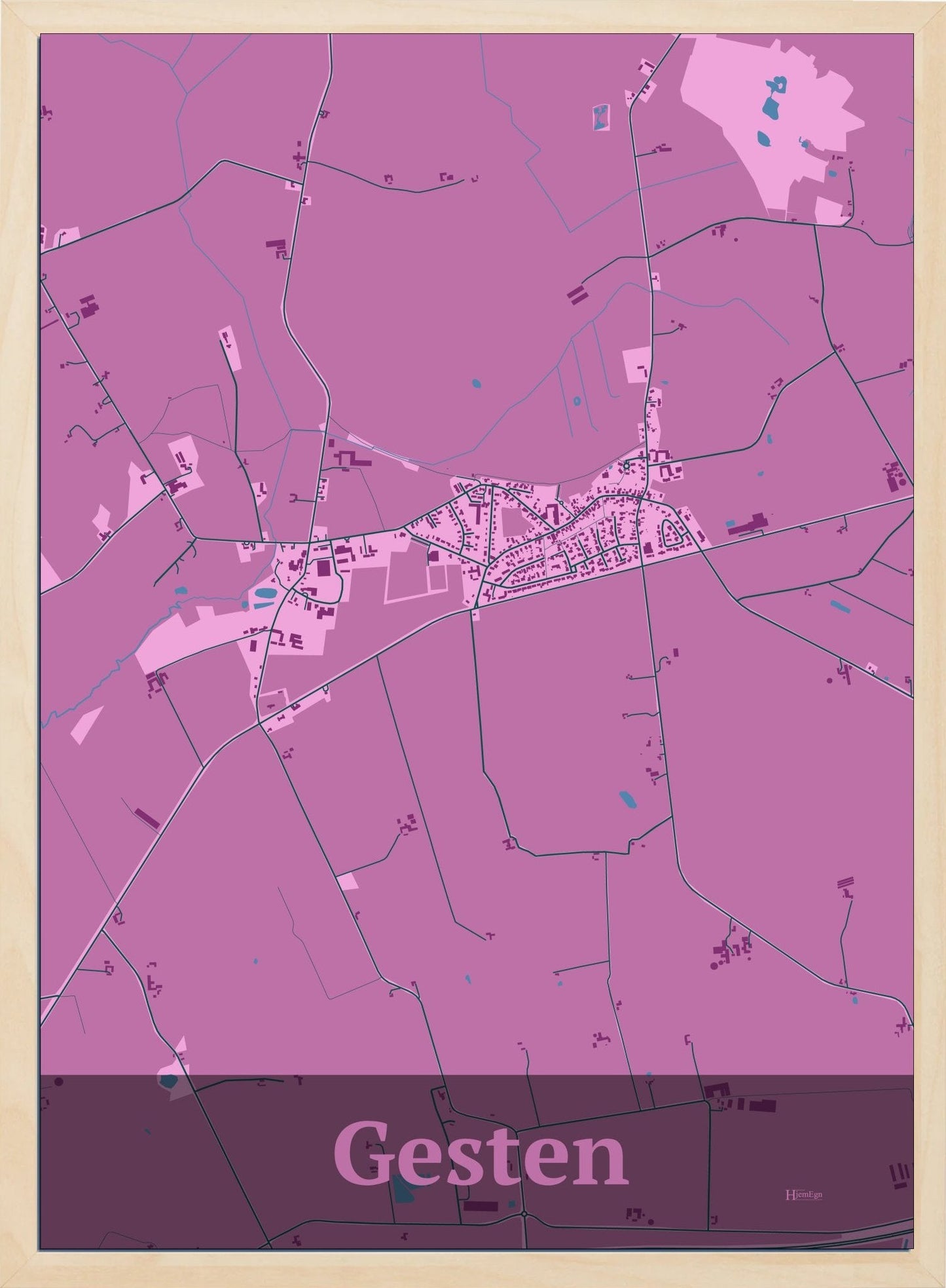 Gesten plakat i farve pastel rød og HjemEgn.dk design firkantet. Design bykort for Gesten