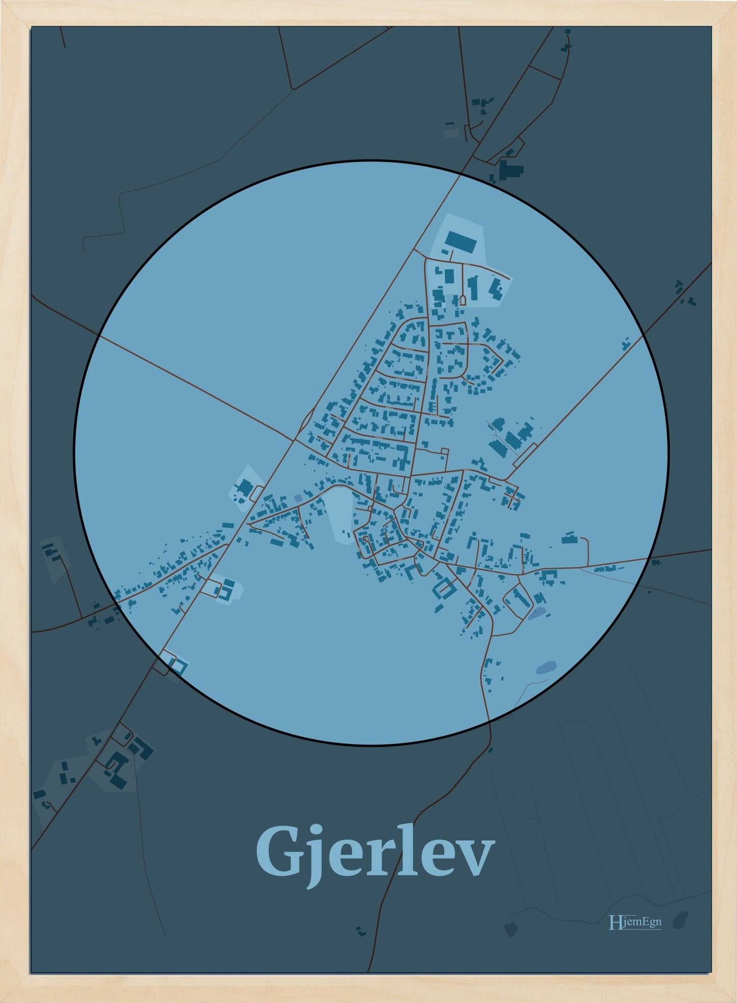 Gjerlev plakat i farve pastel blå og HjemEgn.dk design centrum. Design bykort for Gjerlev