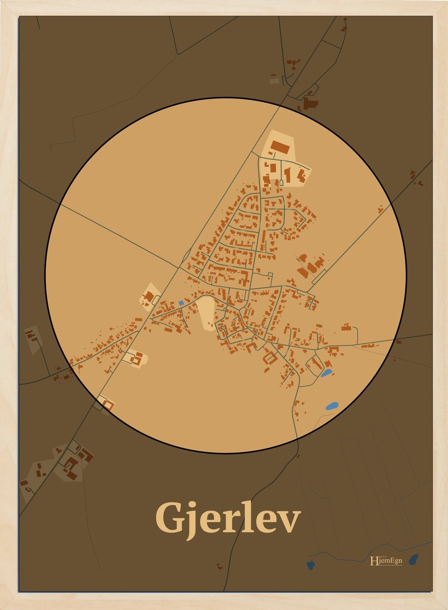 Gjerlev plakat i farve pastel brun og HjemEgn.dk design centrum. Design bykort for Gjerlev