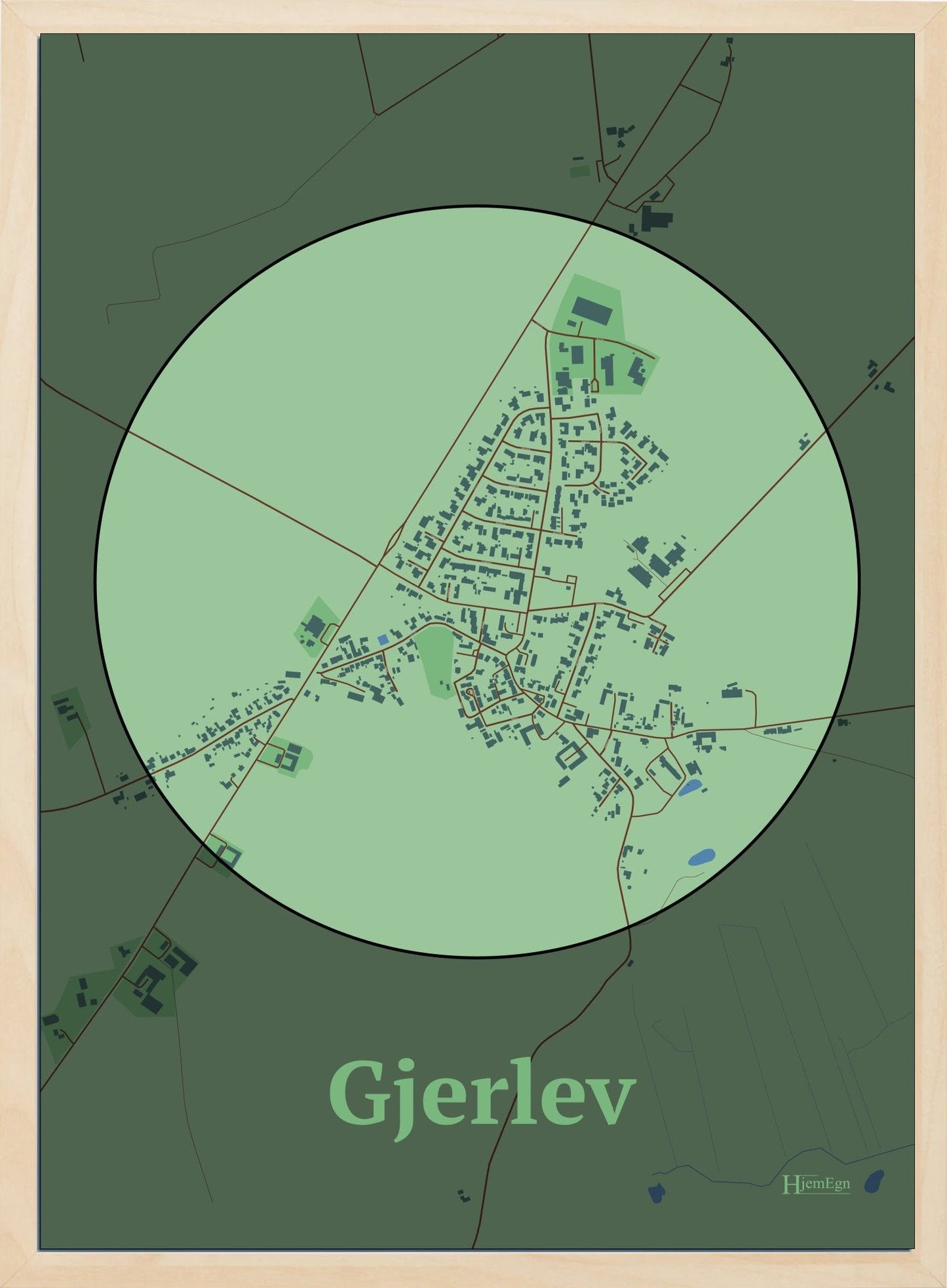 Gjerlev plakat i farve pastel grøn og HjemEgn.dk design centrum. Design bykort for Gjerlev