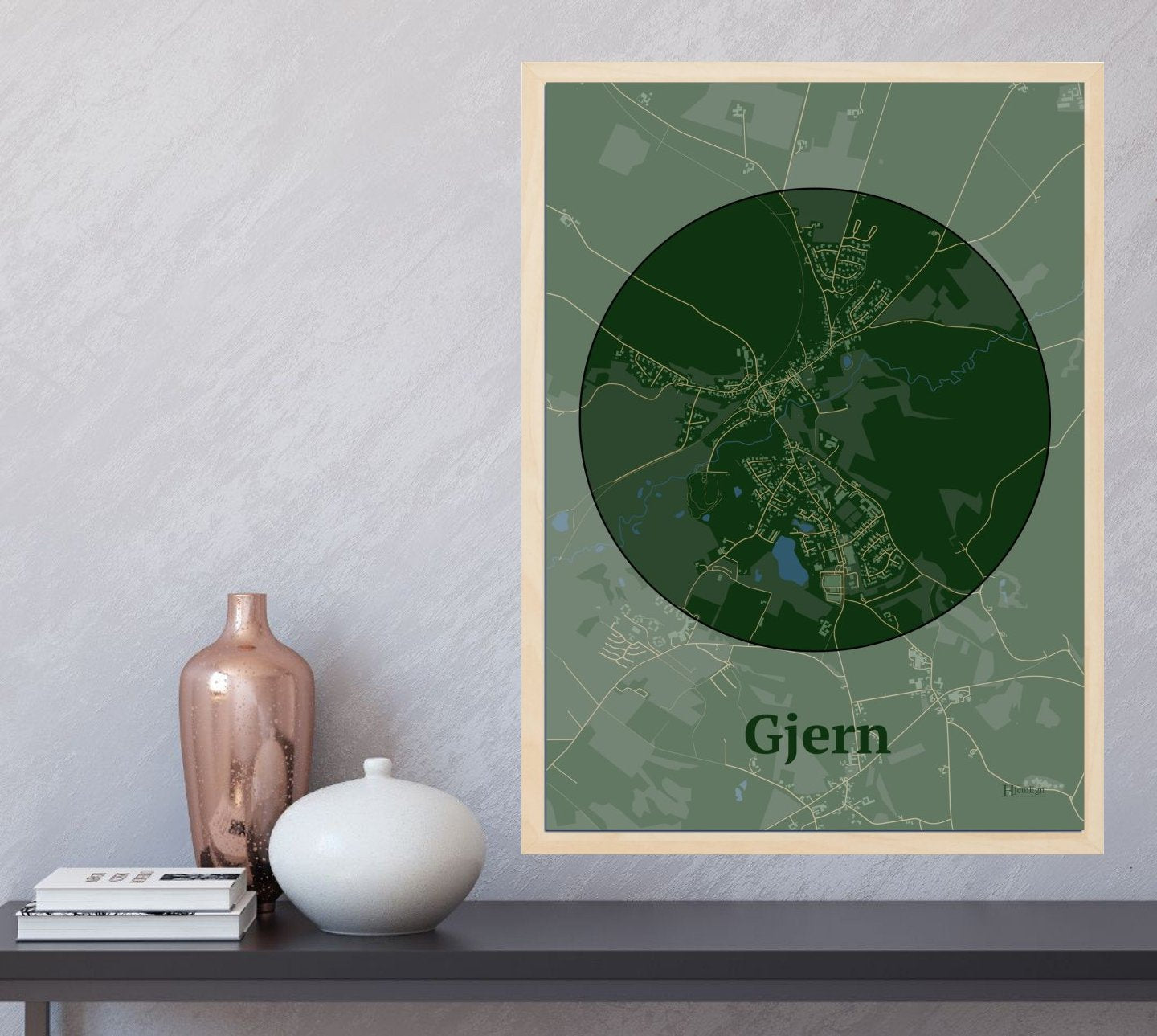 Gjern plakat i farve og HjemEgn.dk design centrum. Design bykort for Gjern