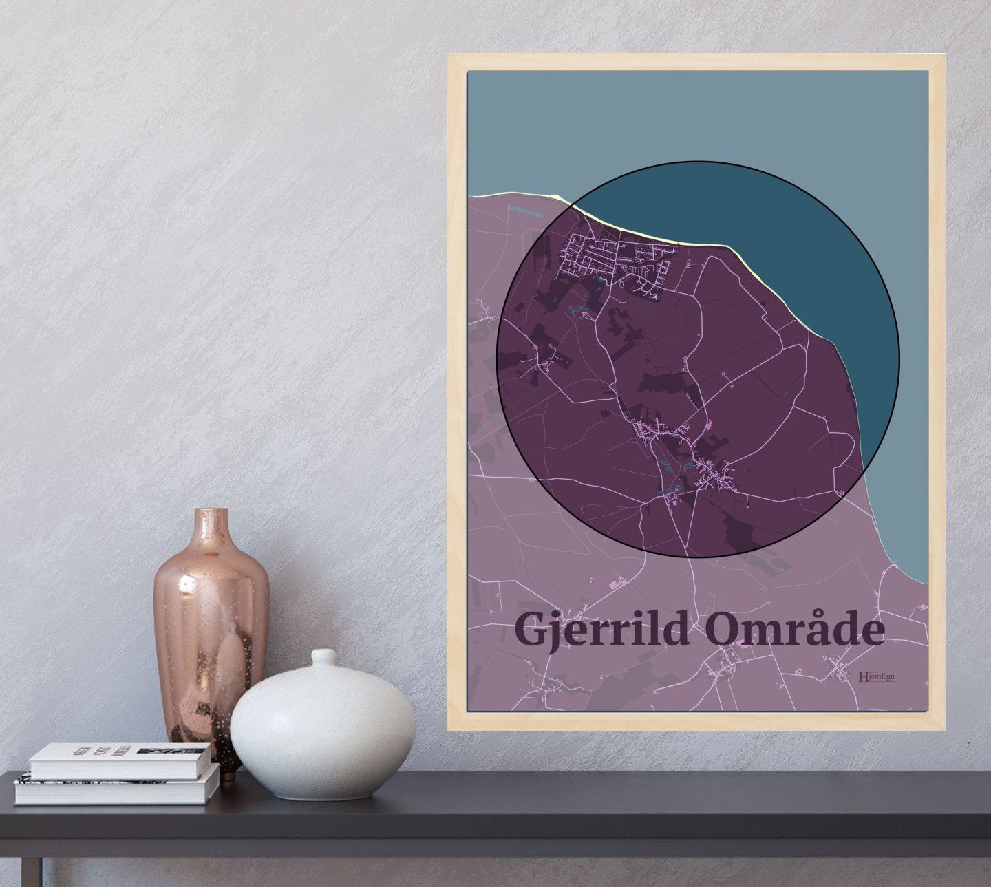 Gjerrild Område plakat i farve og HjemEgn.dk design centrum. Design bykort for Gjerrild Område