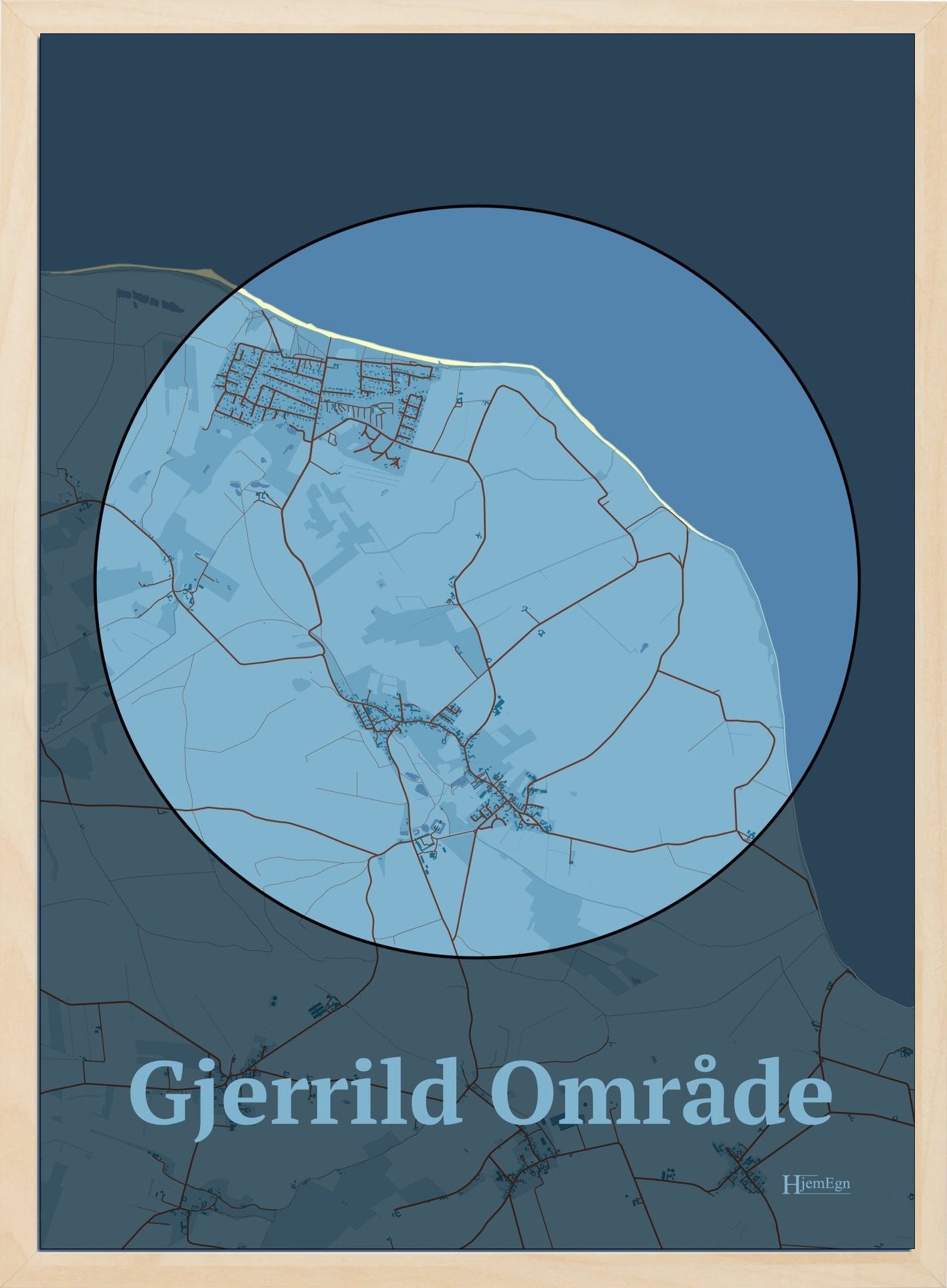 Gjerrild Område plakat i farve pastel blå og HjemEgn.dk design centrum. Design bykort for Gjerrild Område